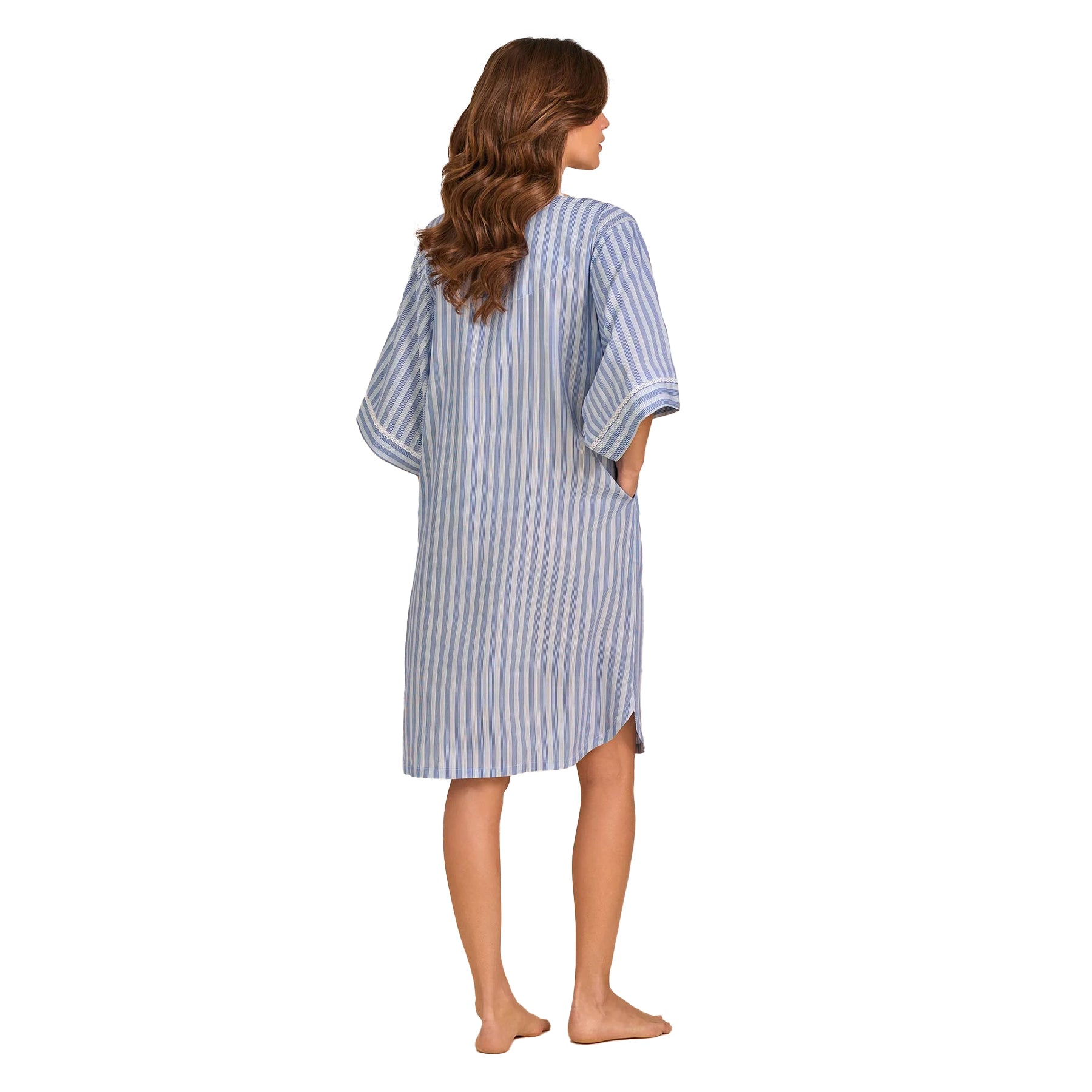 Back view of blue striped cotton nightgown with short sleeves and relaxed fit