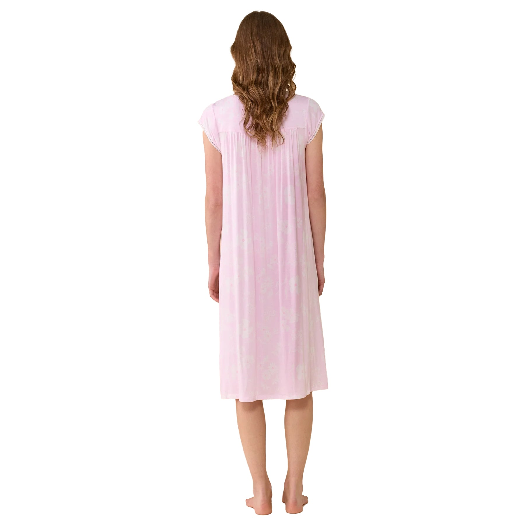 Back view of Eileen West pink floral chemise with cap sleeves and flowing lightweight silhouette for comfortable sleepwear style.