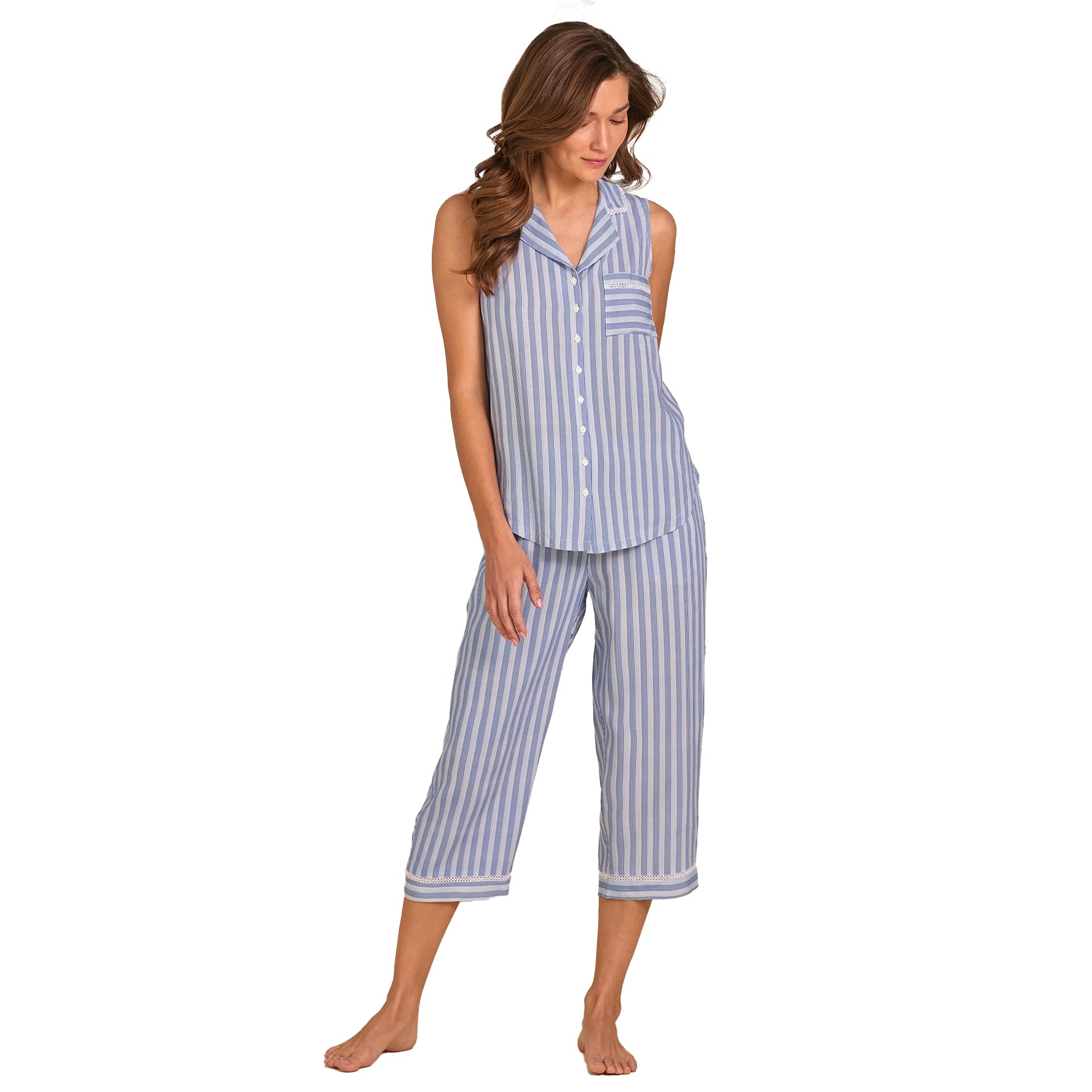 Front angle view of lightweight blue and white striped cotton pyjama set with relaxed fit and sleeveless collared top