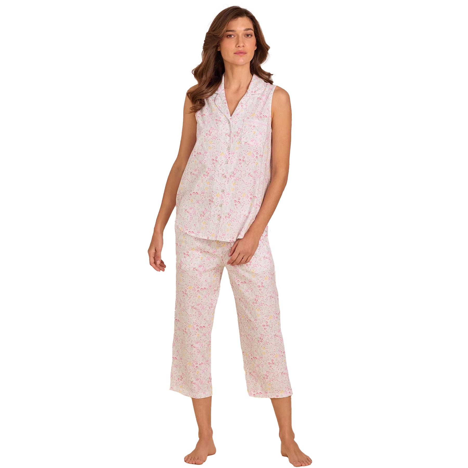 Sleeveless floral pyjama set with relaxed-fit cropped pants and collared button-front top in delicate pastel floral print.