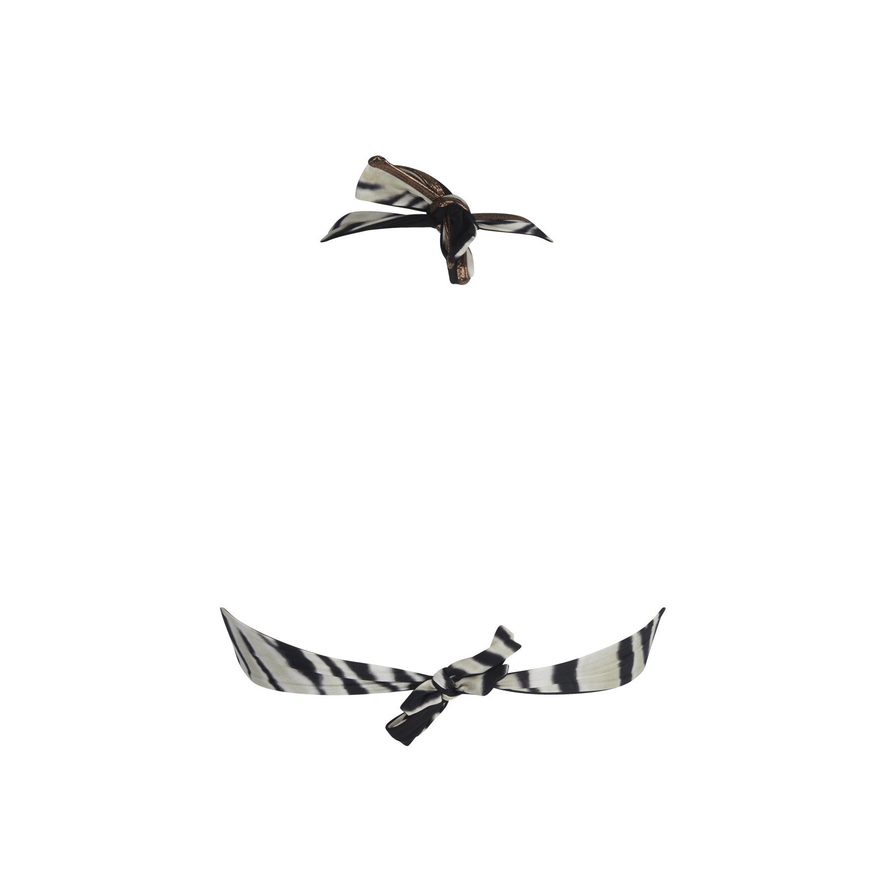 Close-up of zebra-print bikini neck and back ties with bronze edging, shown on a white background.