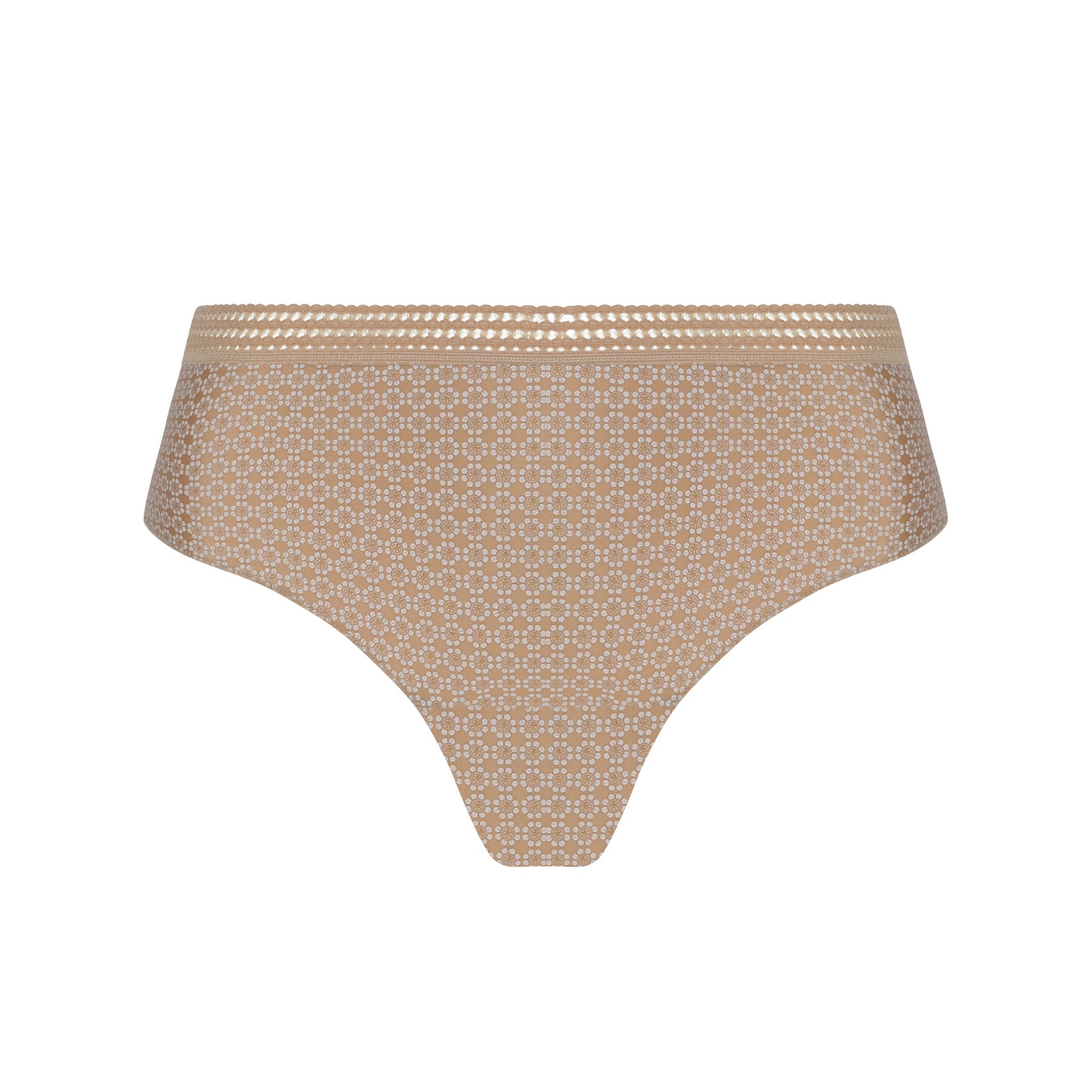 Nude high-waist brief with micro floral print and lace waistband, smooth full coverage front view