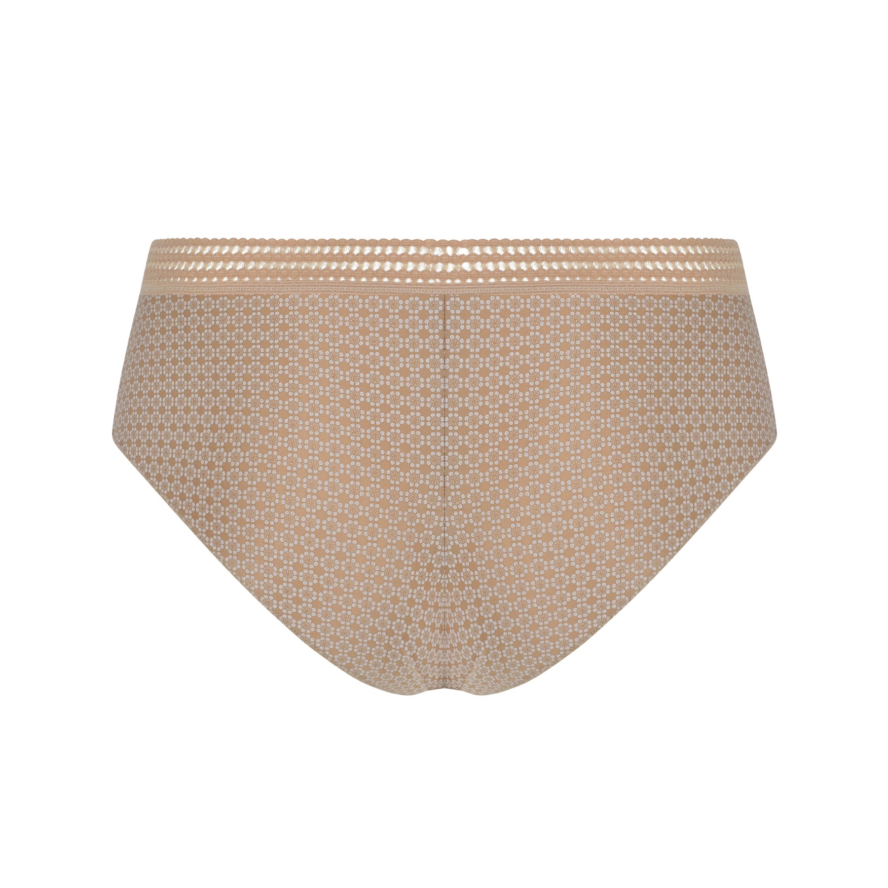 Nude high-waist brief with micro floral print and lace waistband, seamless full coverage back view