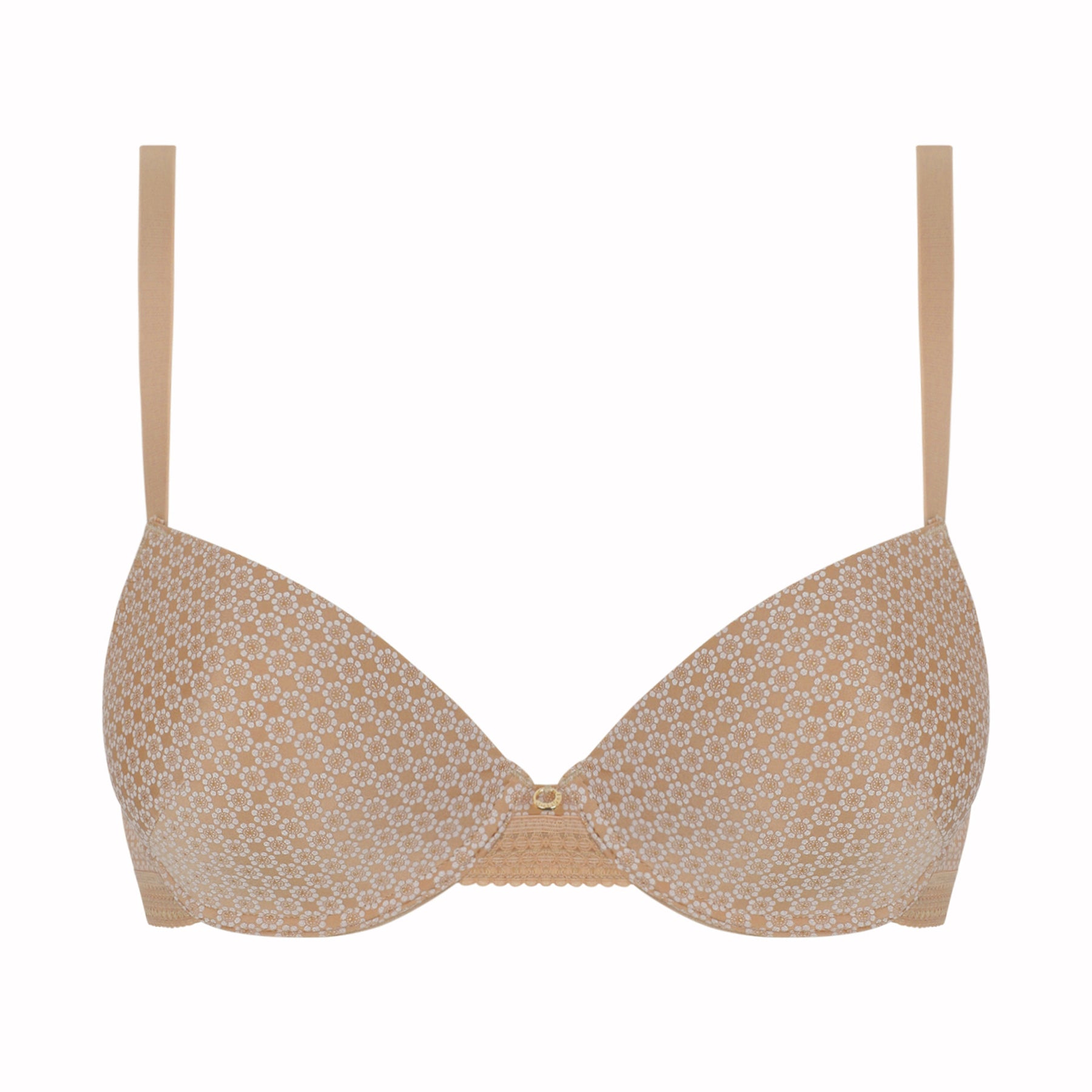 Nude t-shirt bra with smooth moulded cups and delicate micro floral print on white background.