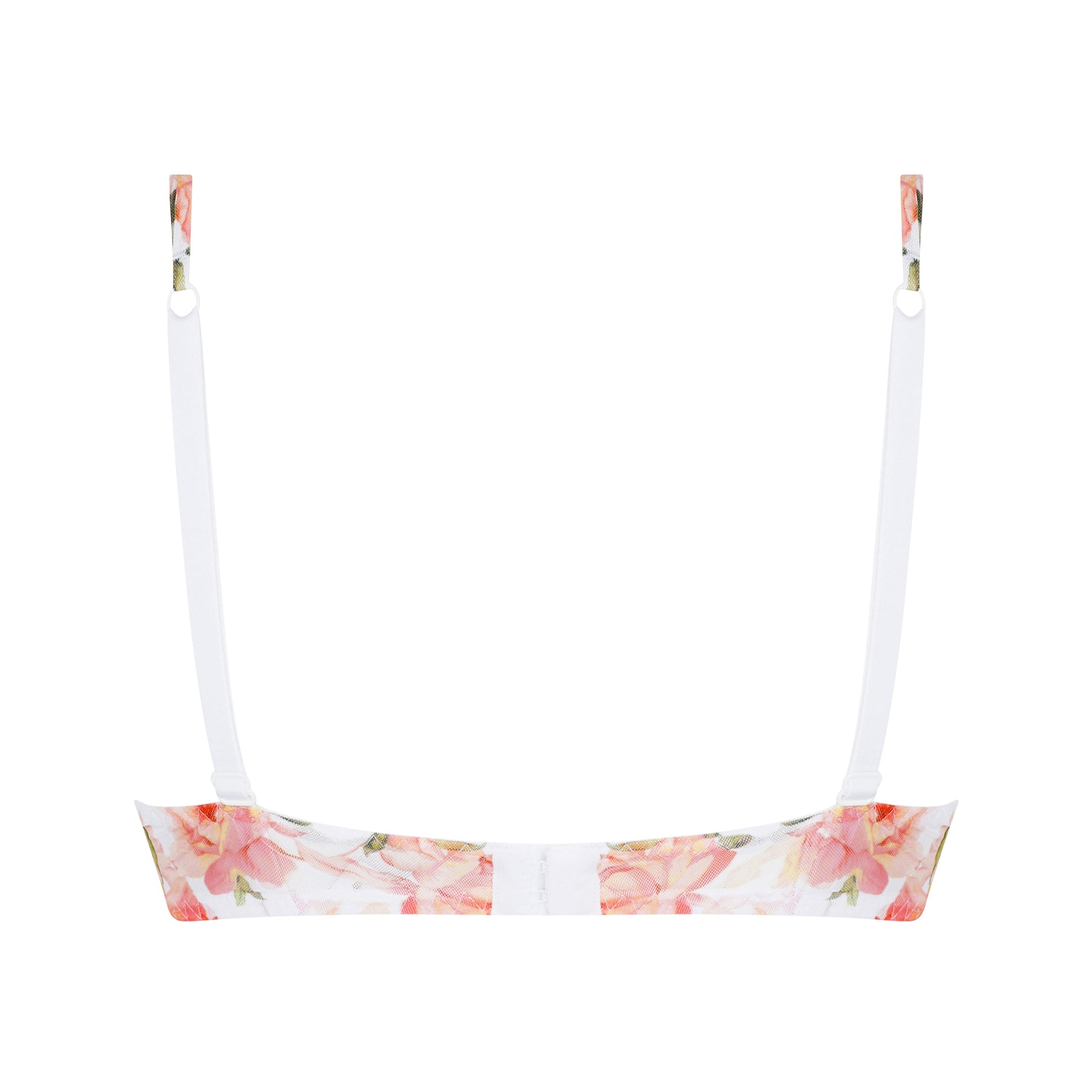 Back view of floral underwire bra with adjustable straps and smooth band in soft peach and blush tones