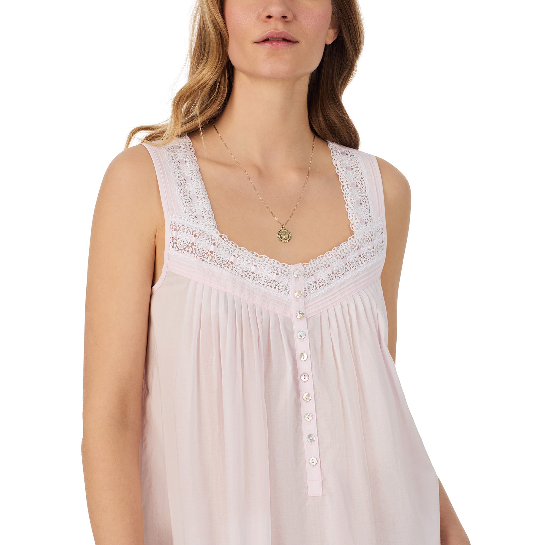 Close-up of lace neckline and buttons on pink Eileen West sleeveless gown