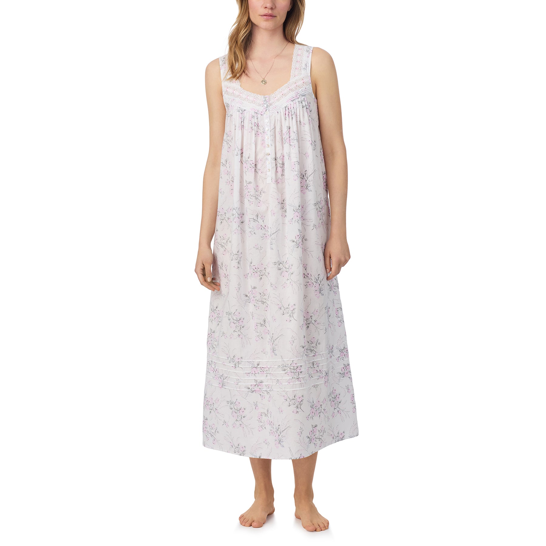 Front view of Eileen West 50-inch sleeveless ballet gown in white with rose bouquet floral print