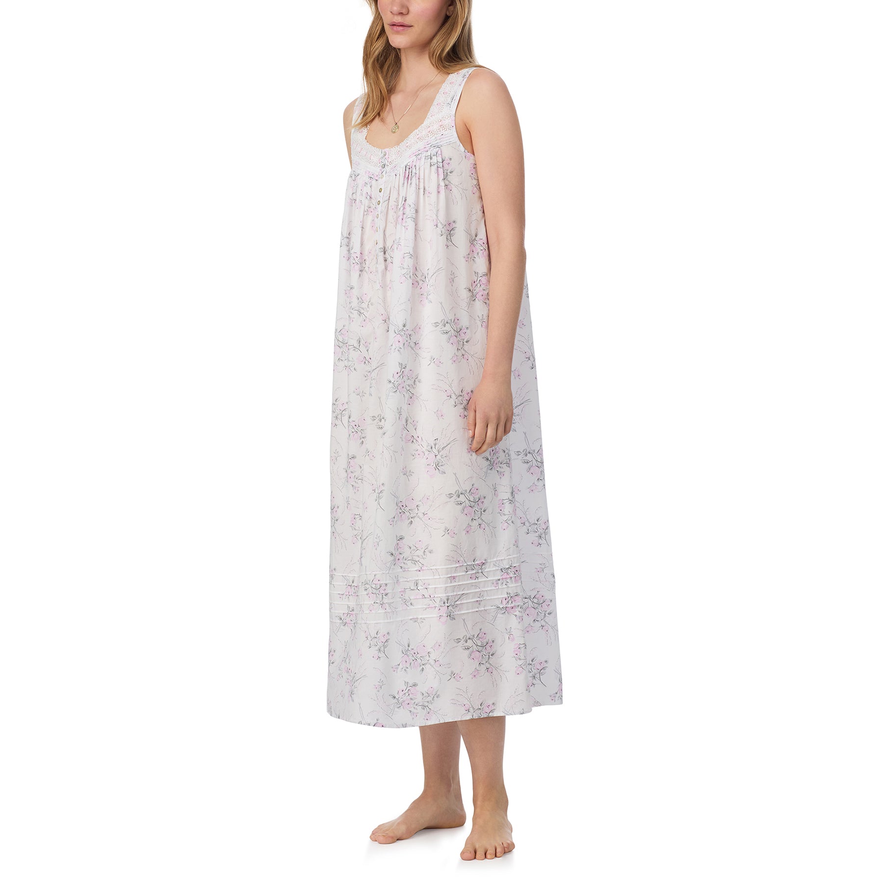 Side view of Eileen West floral print sleeveless nightgown in white and pink