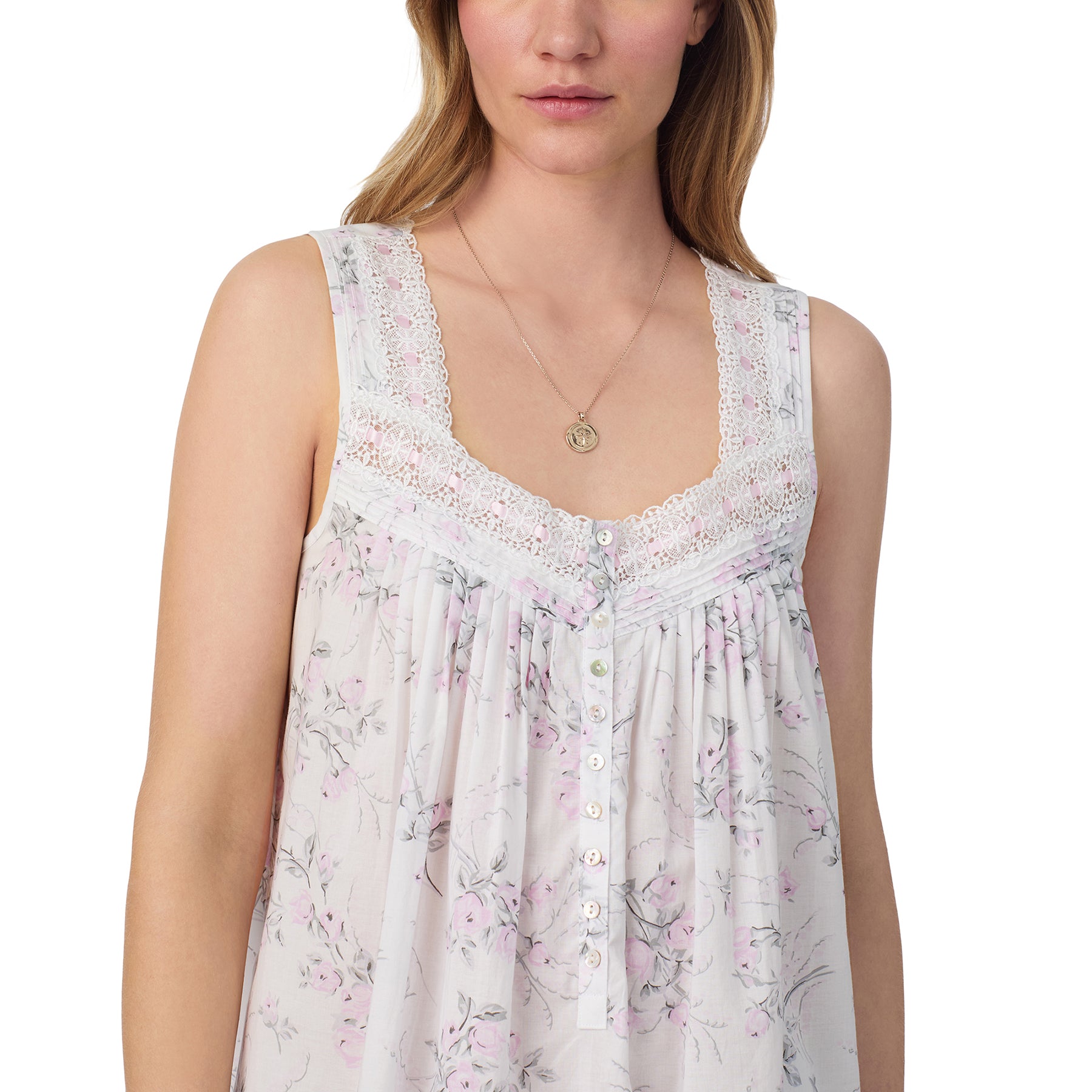 Close-up of floral print and lace neckline on Eileen West cotton ballet gown
