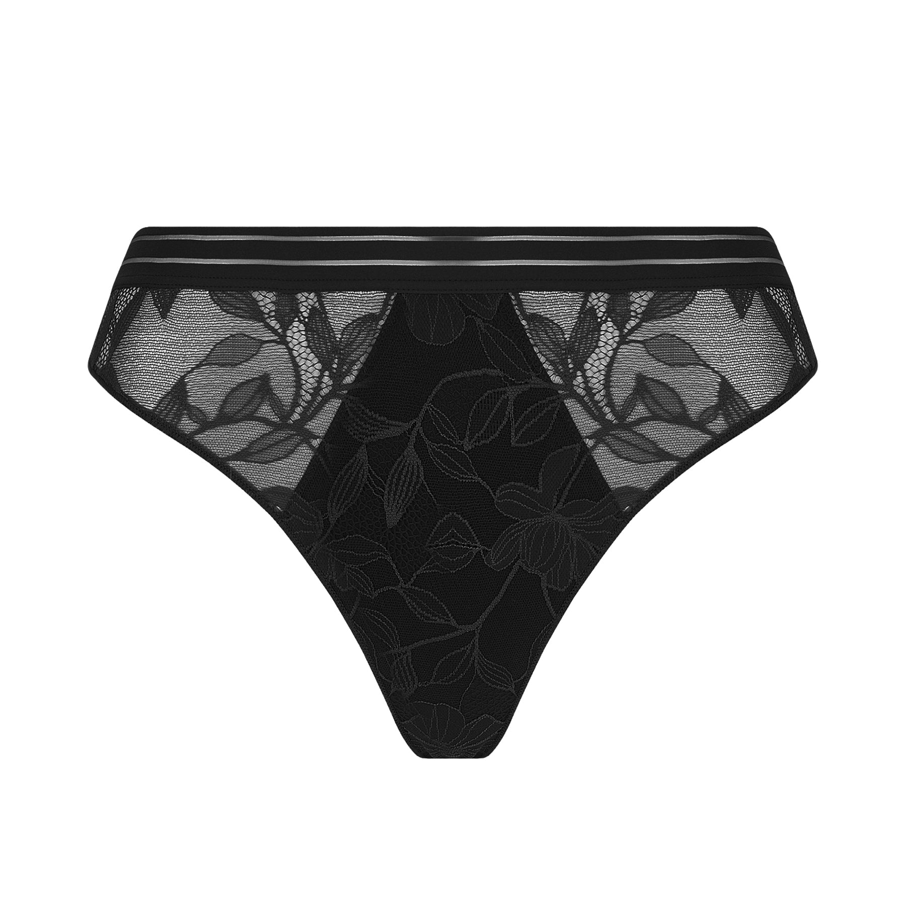 Black lace thong with sheer mesh and floral embroidery – back view.