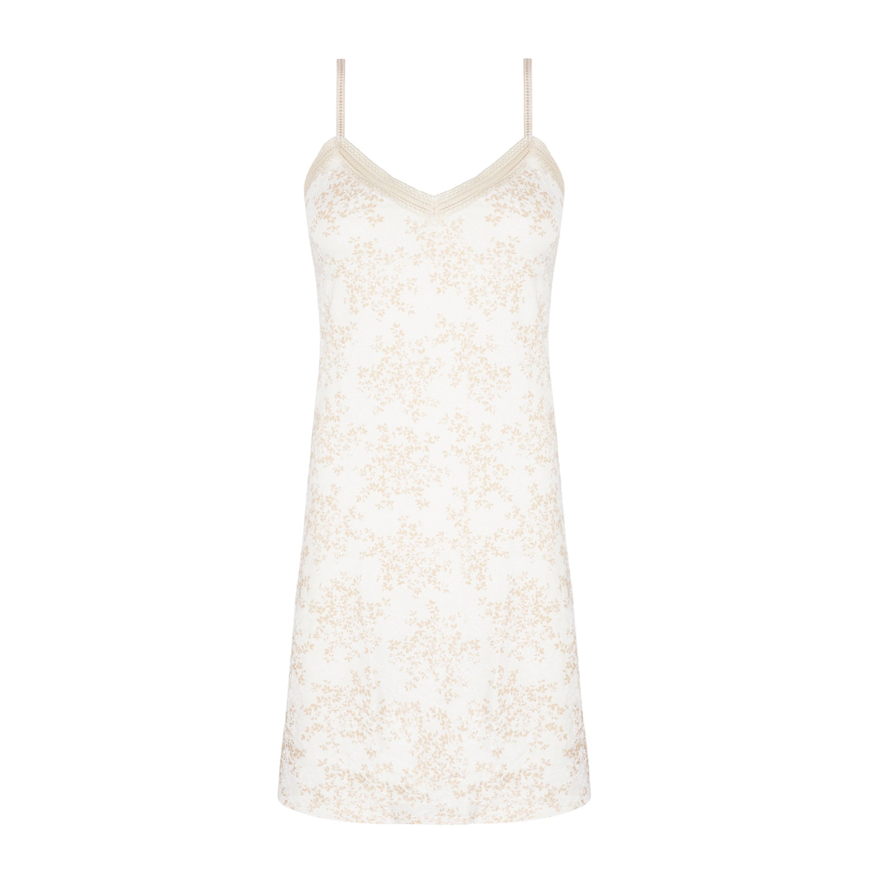 Antigel floral print chemise in ivory and beige with a V-neckline, adjustable straps, and a soft flowing silhouette.