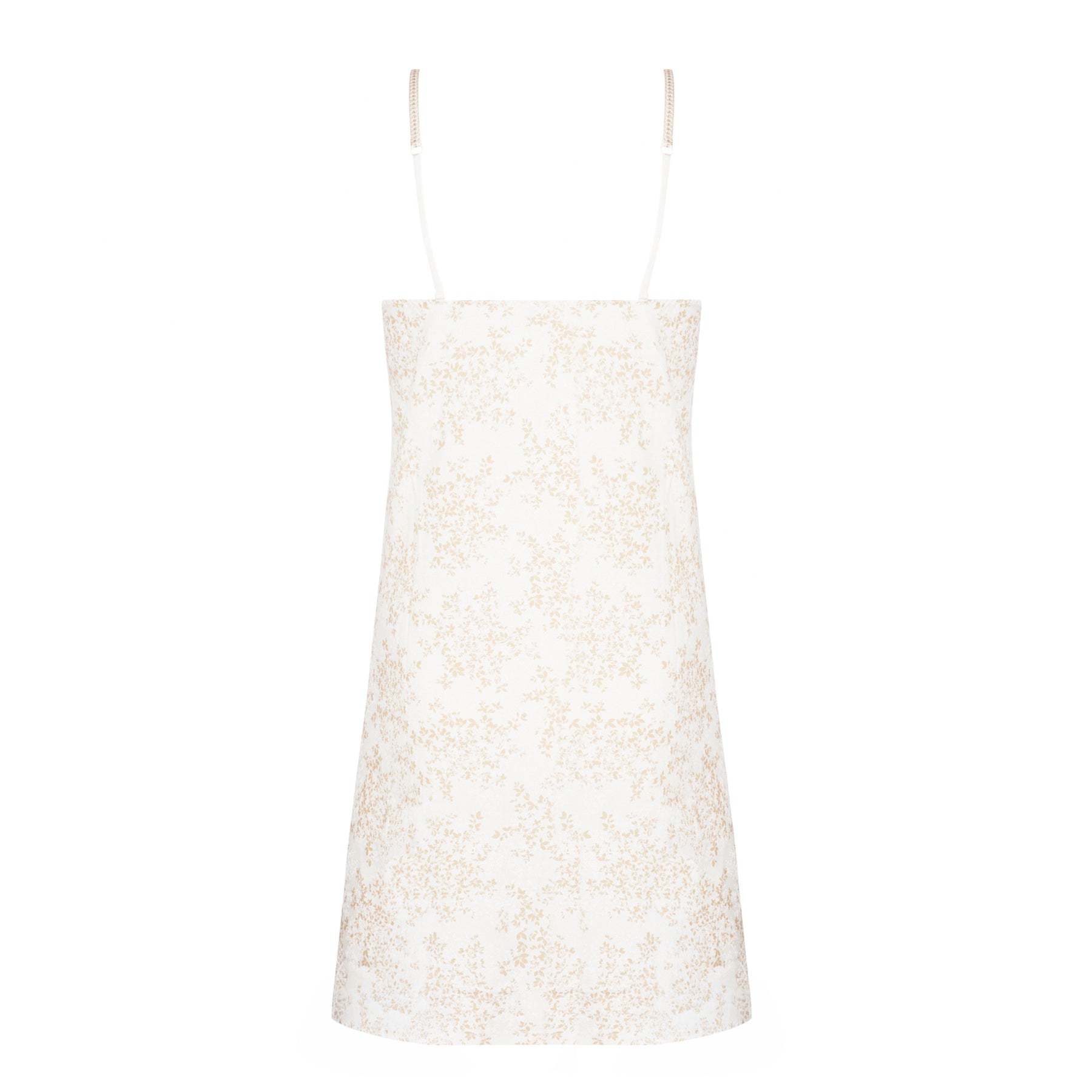 Back view of Antigel floral print chemise in ivory and beige featuring adjustable straps and a lightweight drape.