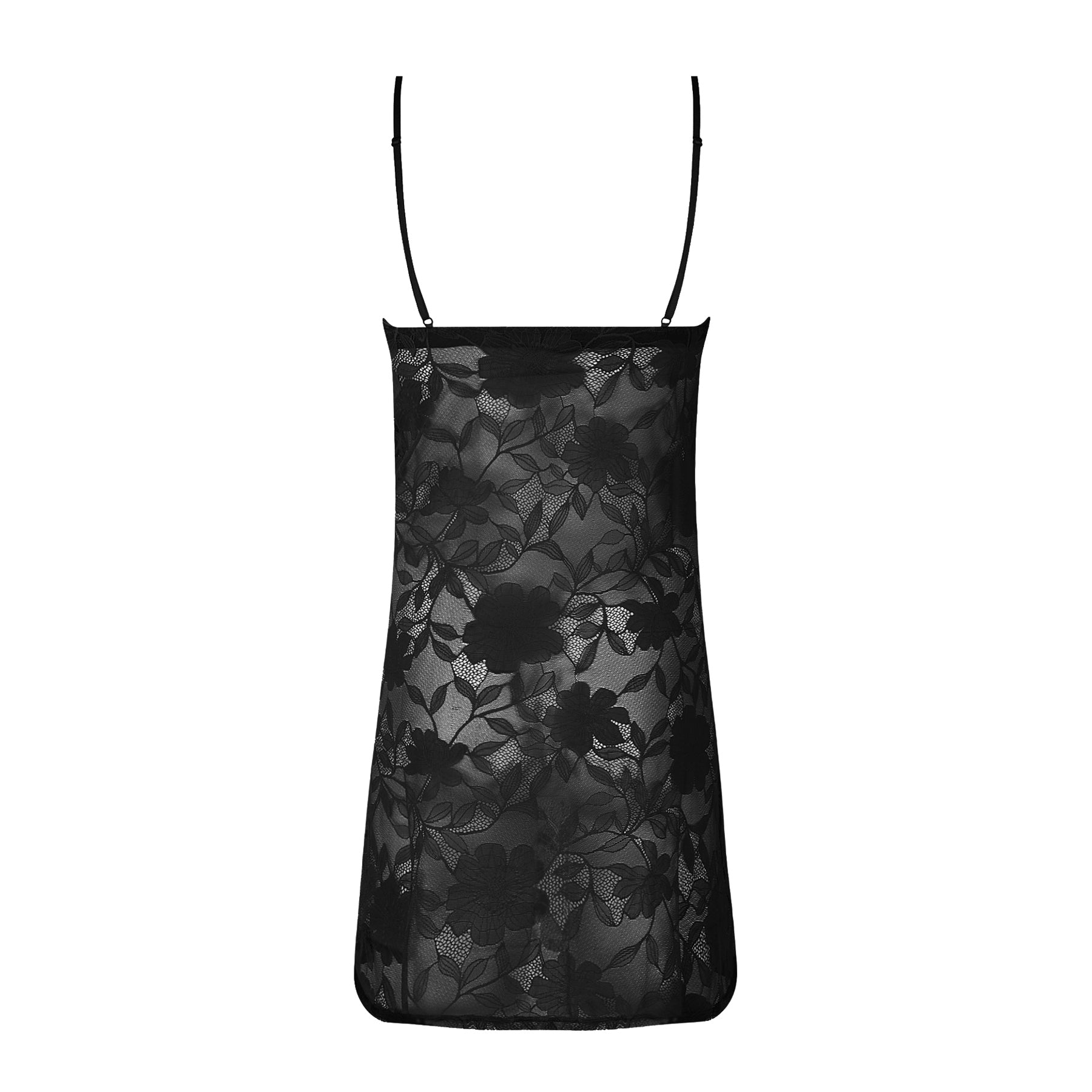 Black sheer lace nightdress with floral pattern and thin adjustable straps – back view.