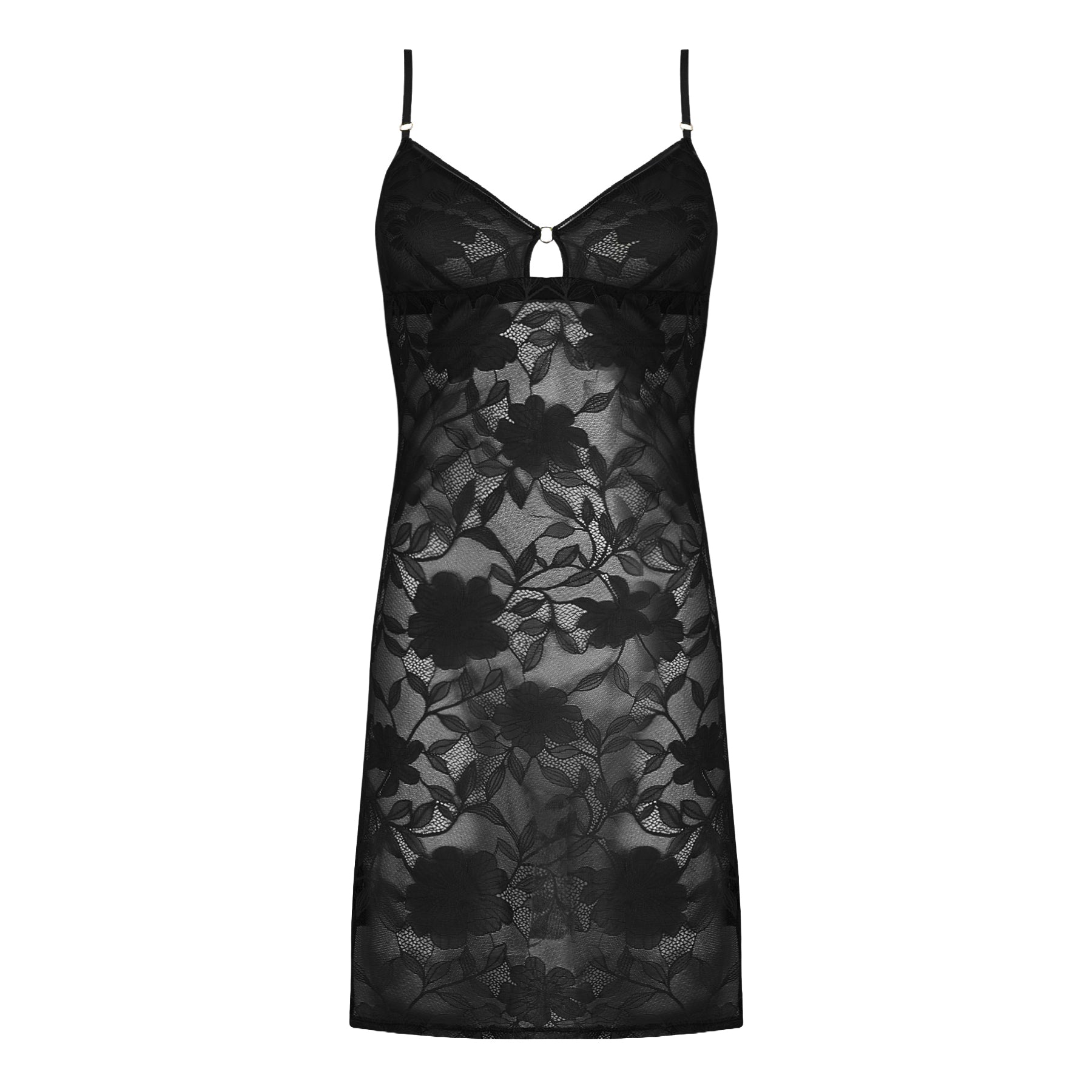 Black floral lace chemise with sheer mesh fabric and delicate gold detail at neckline – front view.