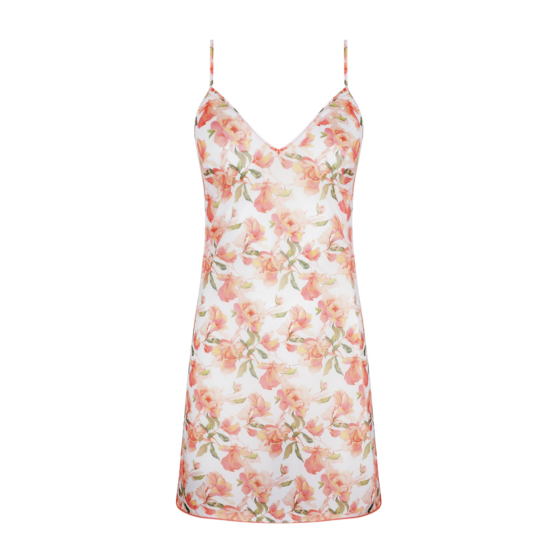 Front view of floral chemise with soft peach and blush print, V-neckline and delicate spaghetti straps