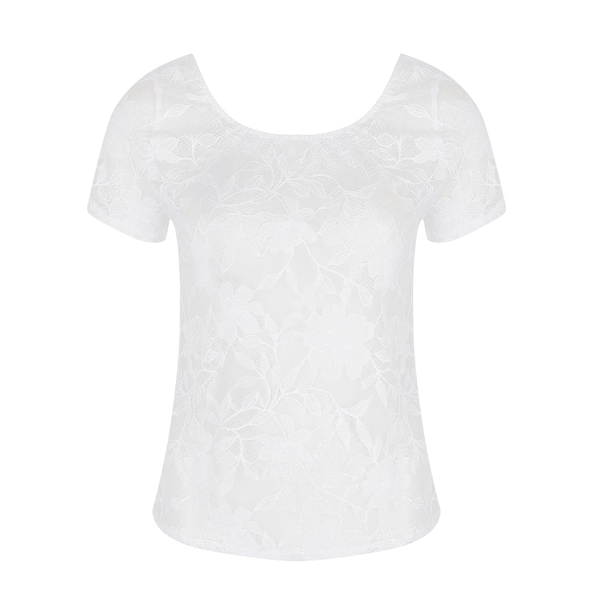 Antigel white sheer floral lace short sleeve top with scoop neckline, front product view.
