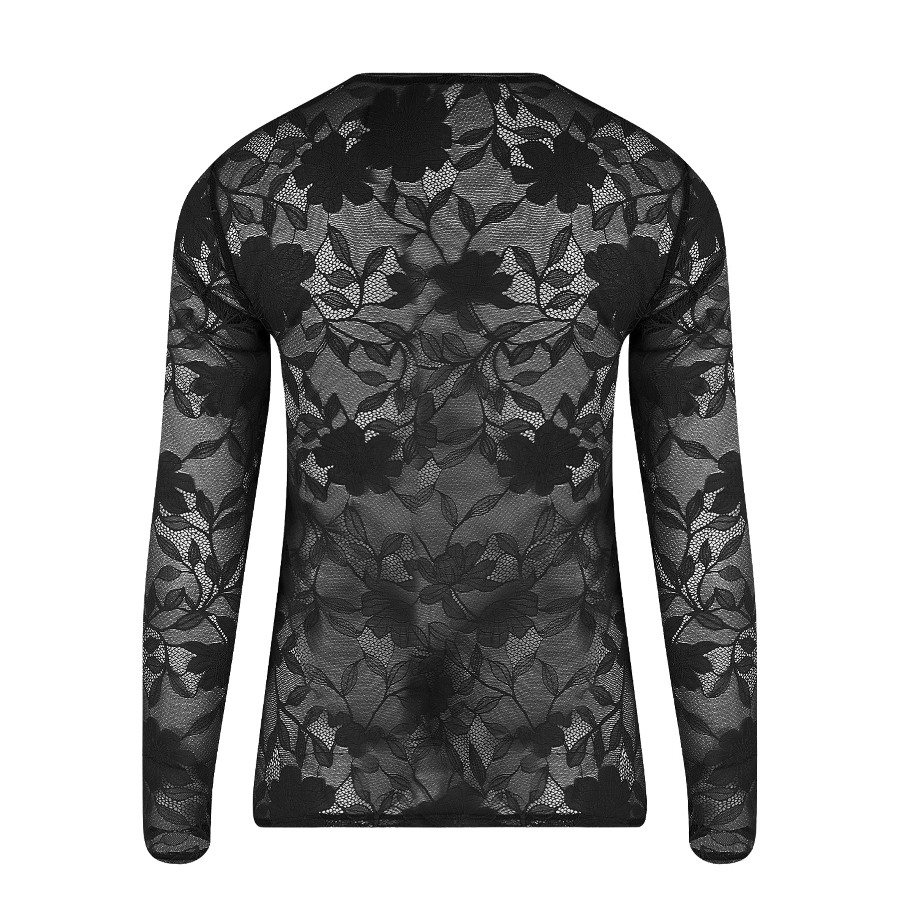 Black sheer lace long sleeve top with floral pattern – back view.