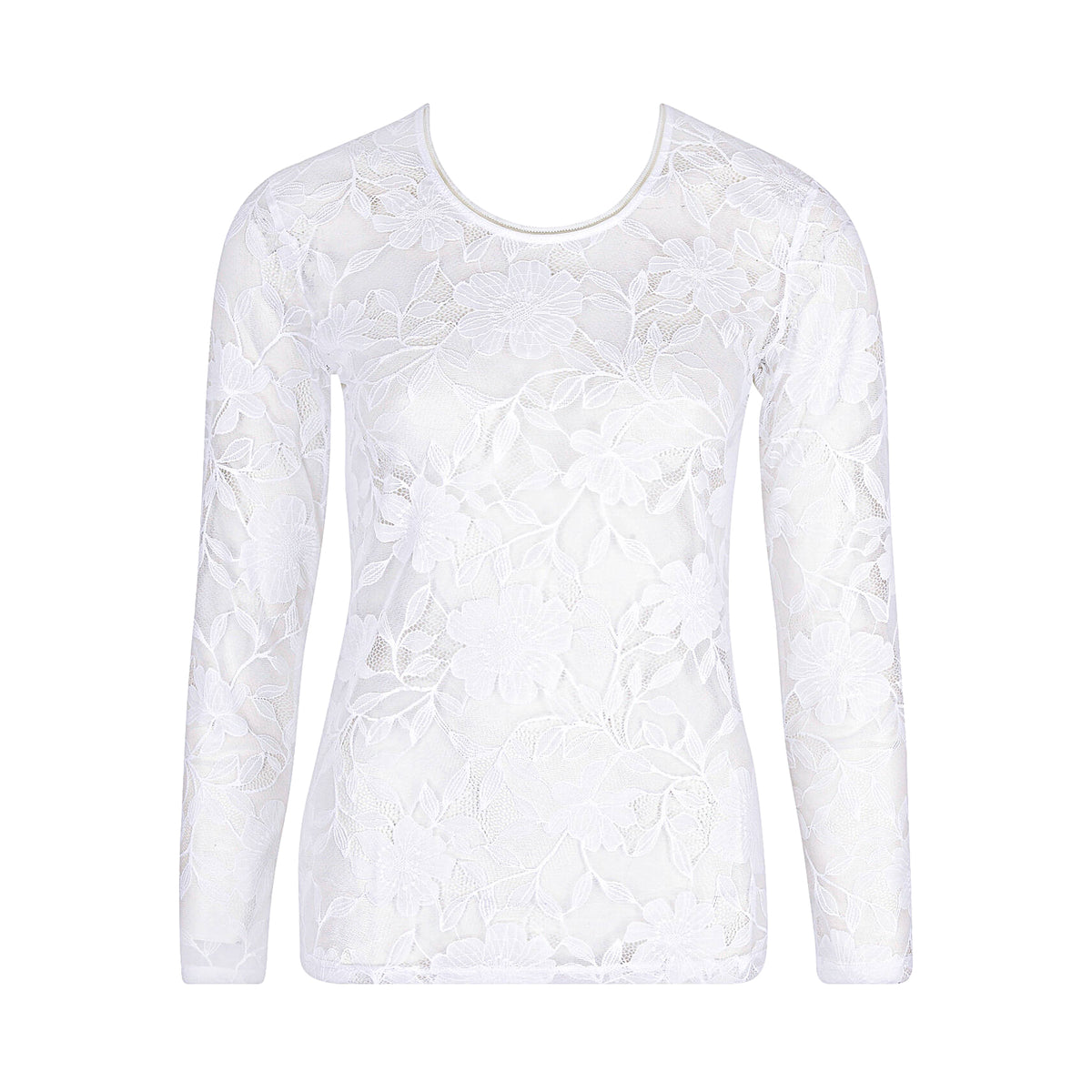 Antigel white sheer floral lace long sleeve top with round neckline, front product view.