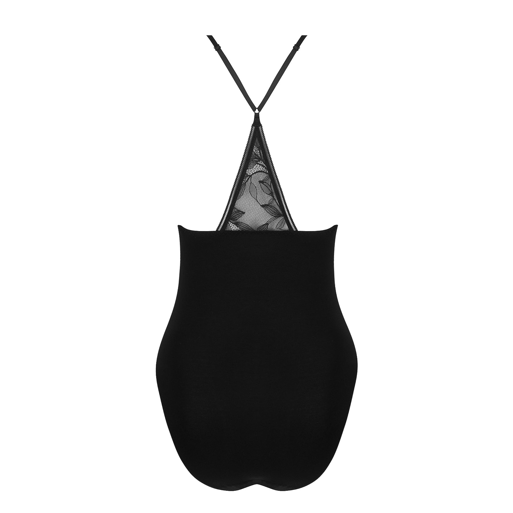 Black bodysuit with floral lace back and adjustable halter straps – back view.