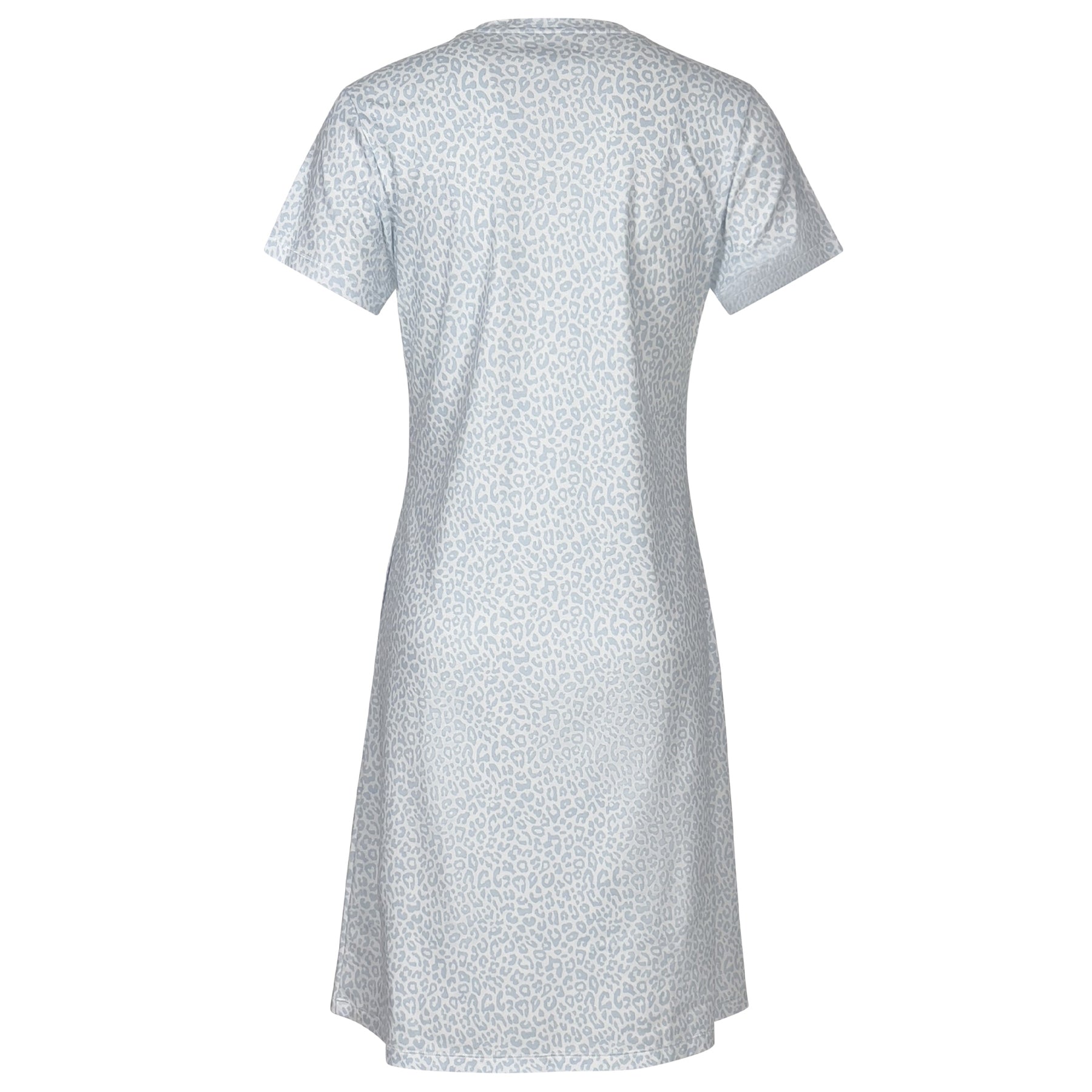 Blue dress with the pattern on a white background, back view