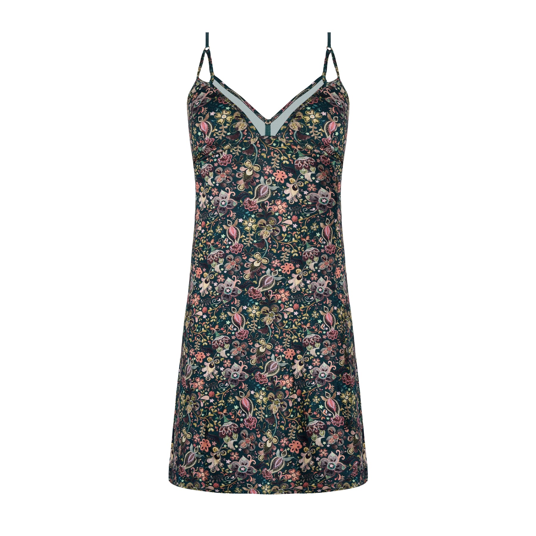 Dark floral chemise with adjustable spaghetti straps, V-neckline, and sheer mesh detailing at the bust.