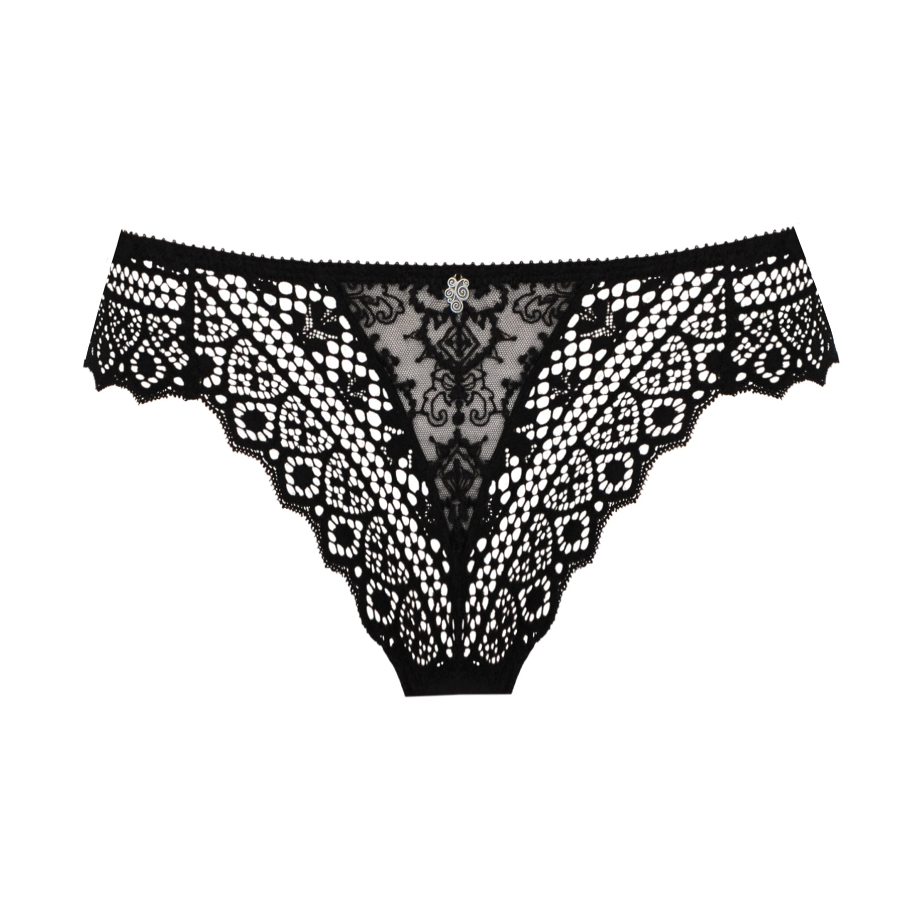 Front view of Empreinte Cassiopee lace thong in black, featuring sheer lace panels and a delicate embroidered centre motif.