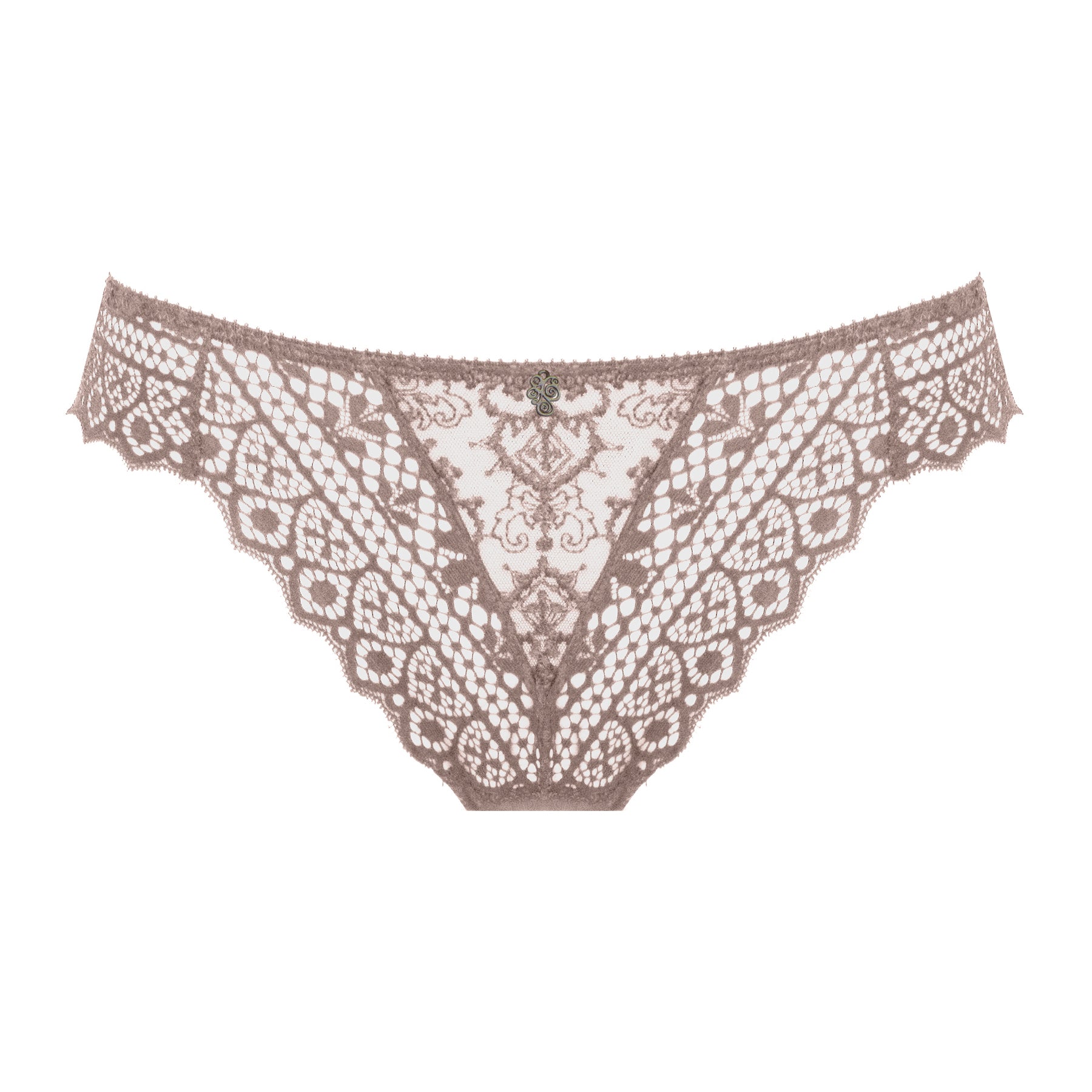 Empreinte Cassiopee thong in Rose Sauvage shown flat on a white background, displaying symmetrical lace pattern and low-rise cut.