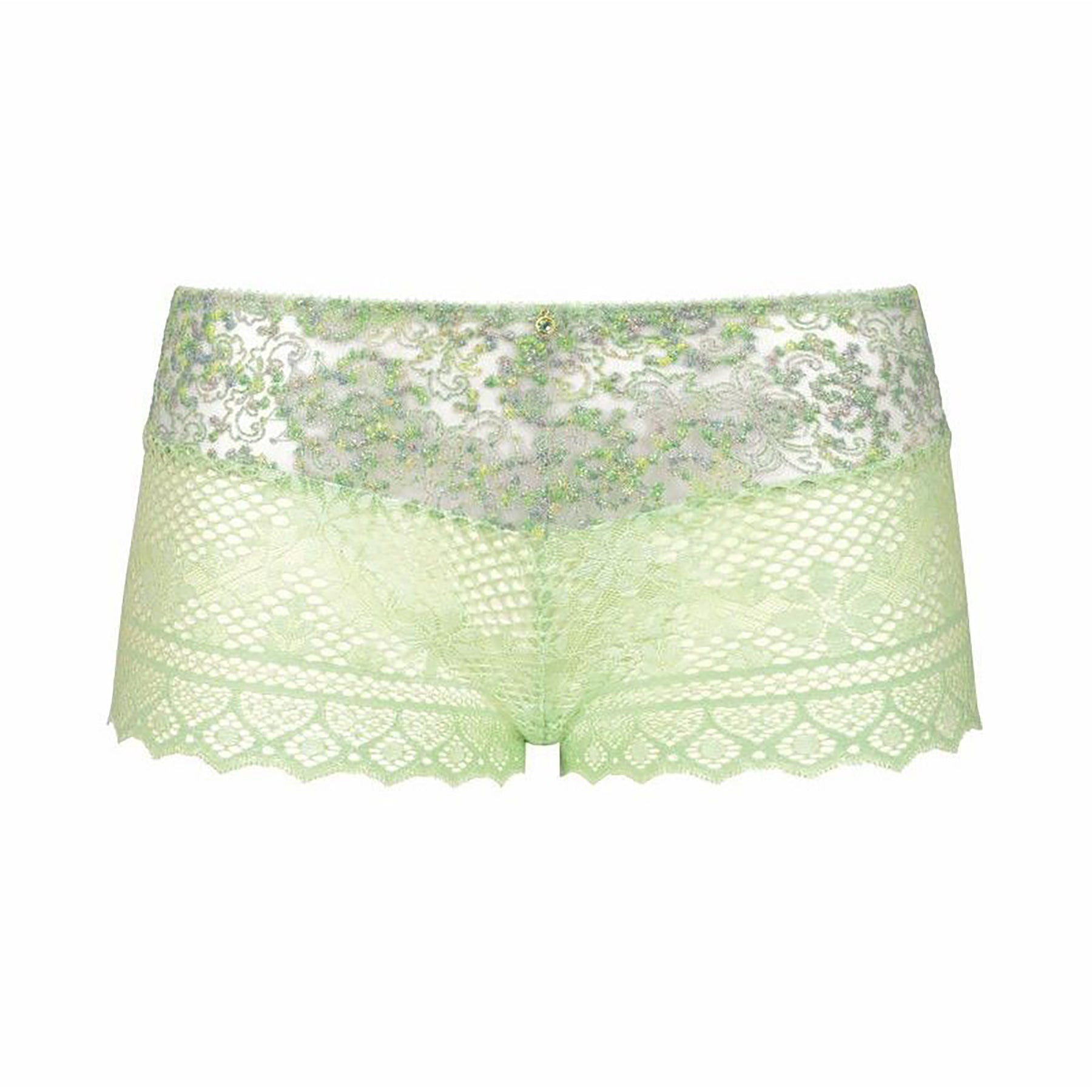 Empreinte Cassiopee Shorty in Nymphea – mint green embroidered lace shorty with shimmering floral detail.