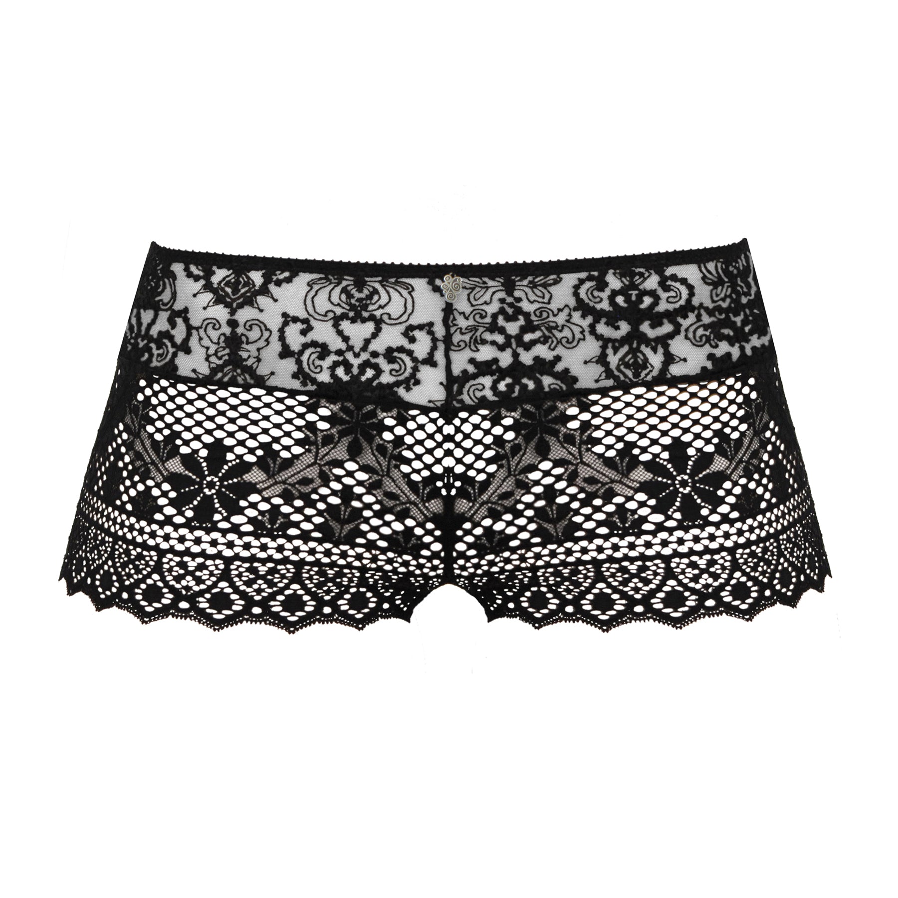 Black Empreinte Cassiopée lace shorty with sheer floral embroidery, geometric lace panels, scalloped edges, and mid-rise fit.