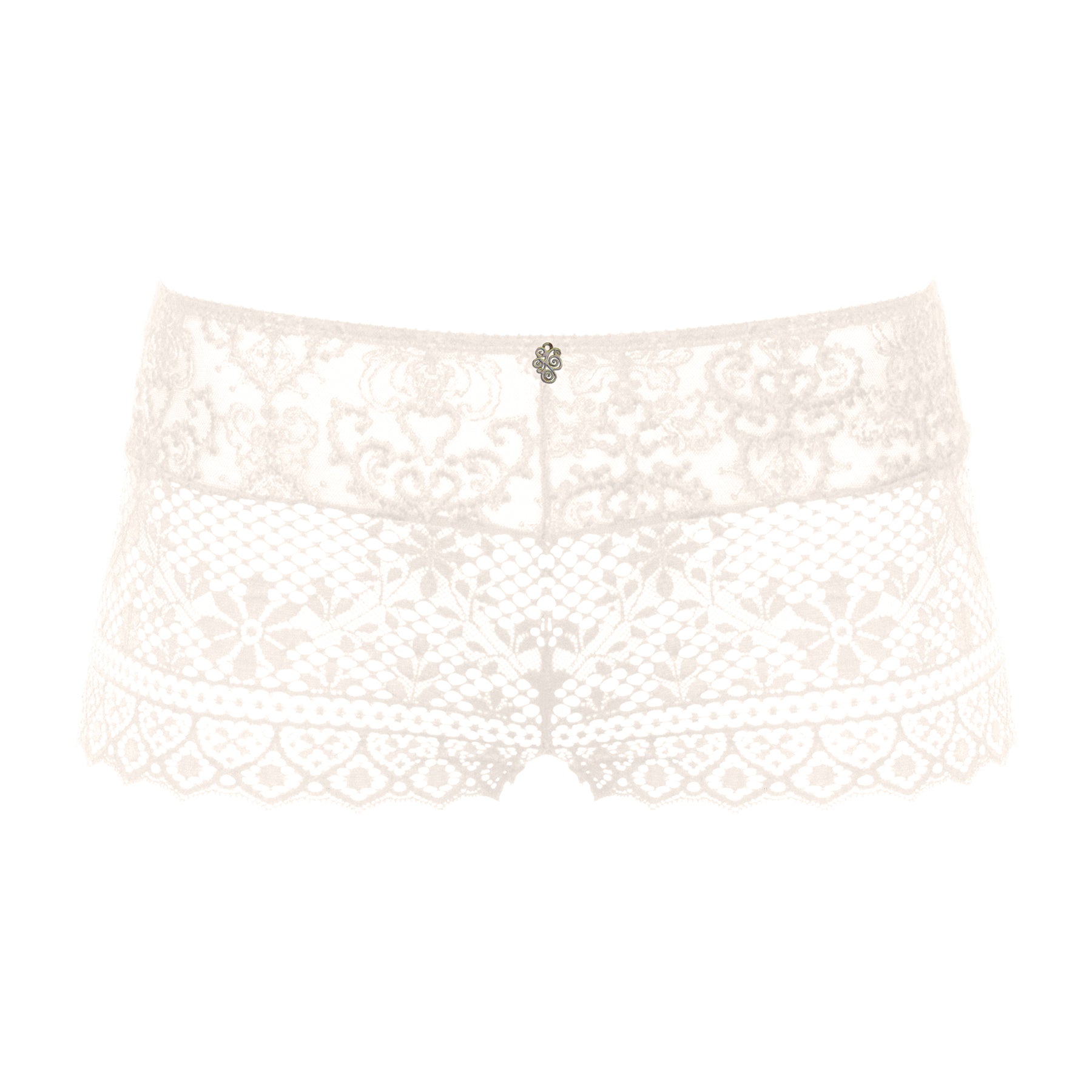 Empreinte Cassiopée lace shorty 02151 in silk ivory showcasing refined floral embroidery, airy geometric lace panels, and a smooth mid-rise silhouette.