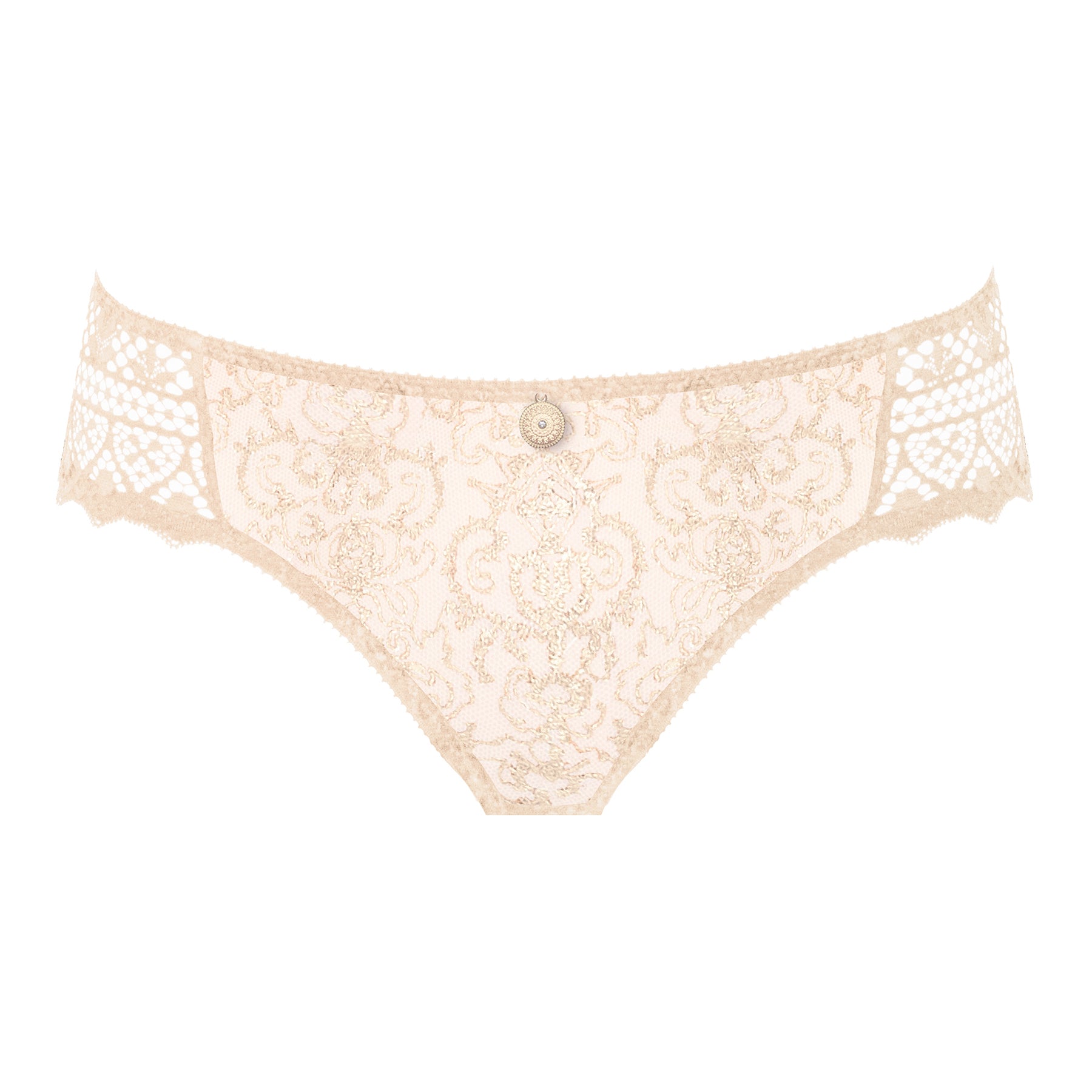 Empreinte Cassiopee bikini brief style 03151 in creamy beige with sheer embroidered lace front and airy lace side panels