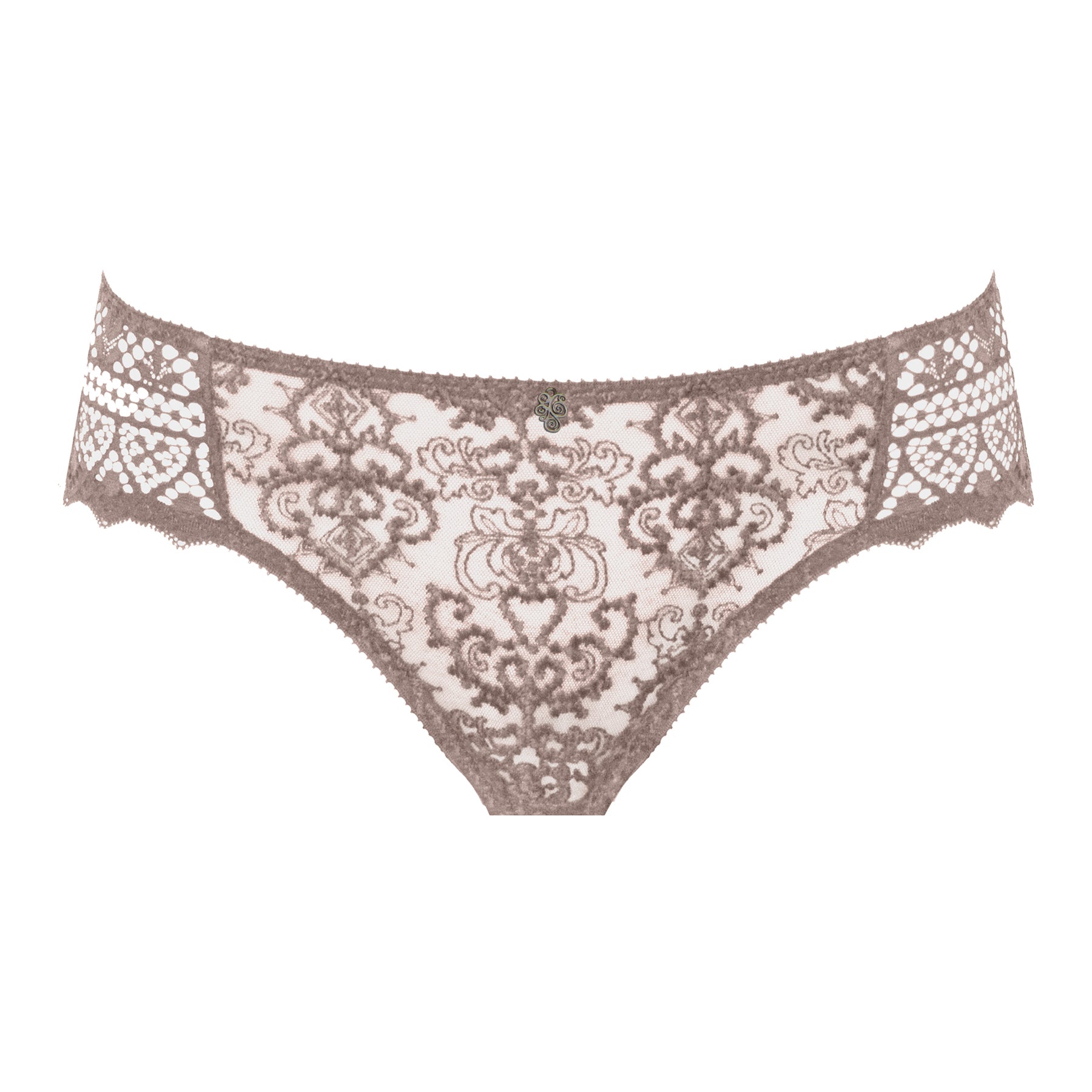 Empreinte Cassiopee bikini brief style 03151 in rose sauvage lace, front flat lay on white background