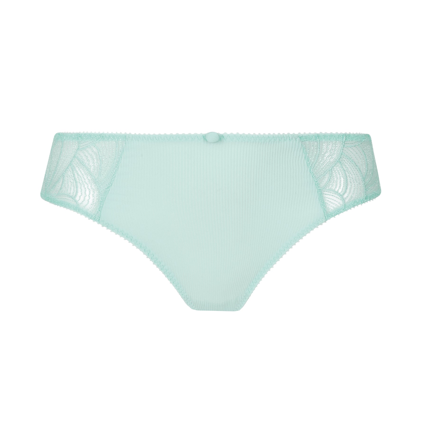 Empreinte May Bikini Panty in Menthol - front view featuring soft pleated fabric and sheer embroidered panels