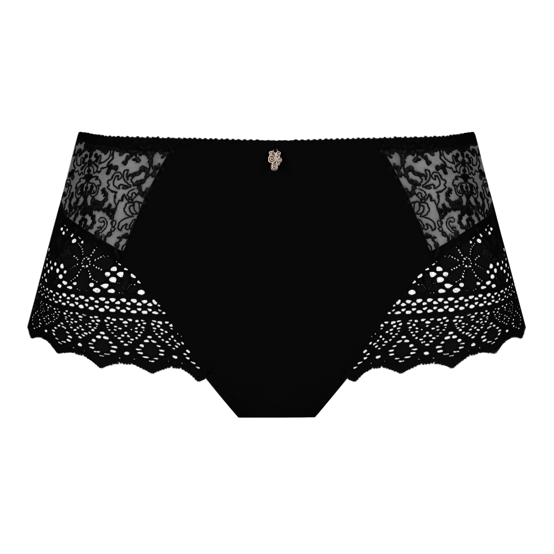 Empreinte Cassiopee full brief style 05151 in black with smooth front panel and lace side detailing, front view