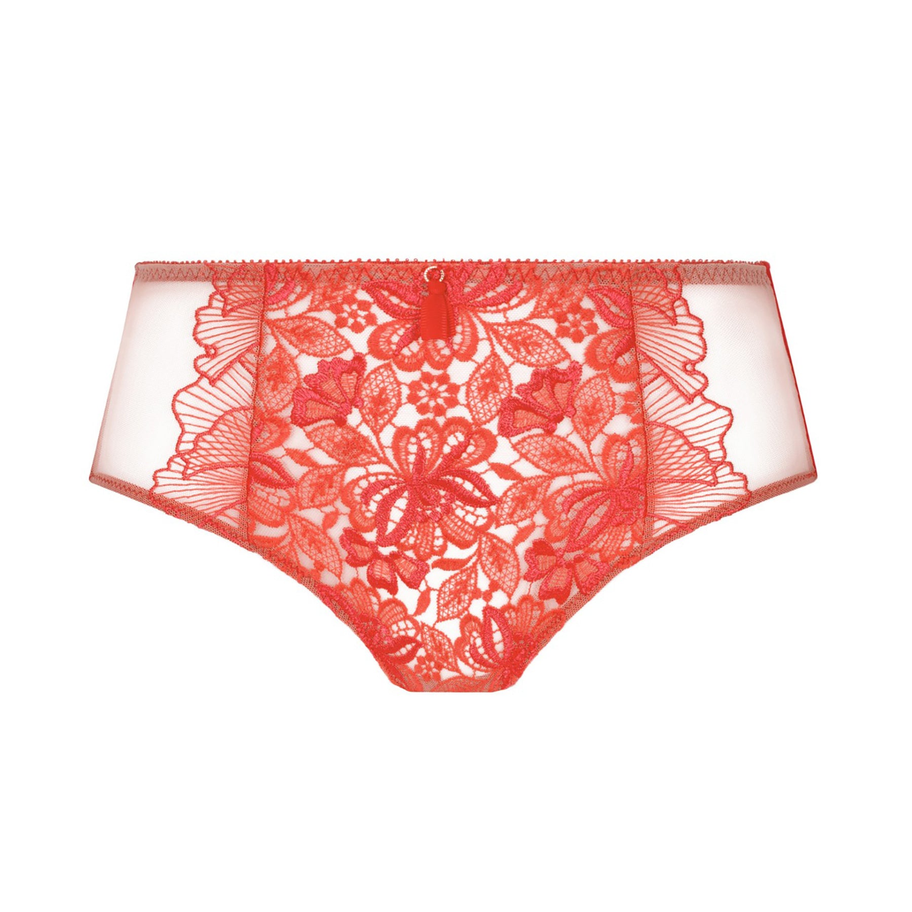 Empreinte Agathe Full Brief in Sunset – product flat lay showcasing intricate coral floral embroidery and semi-sheer mesh.