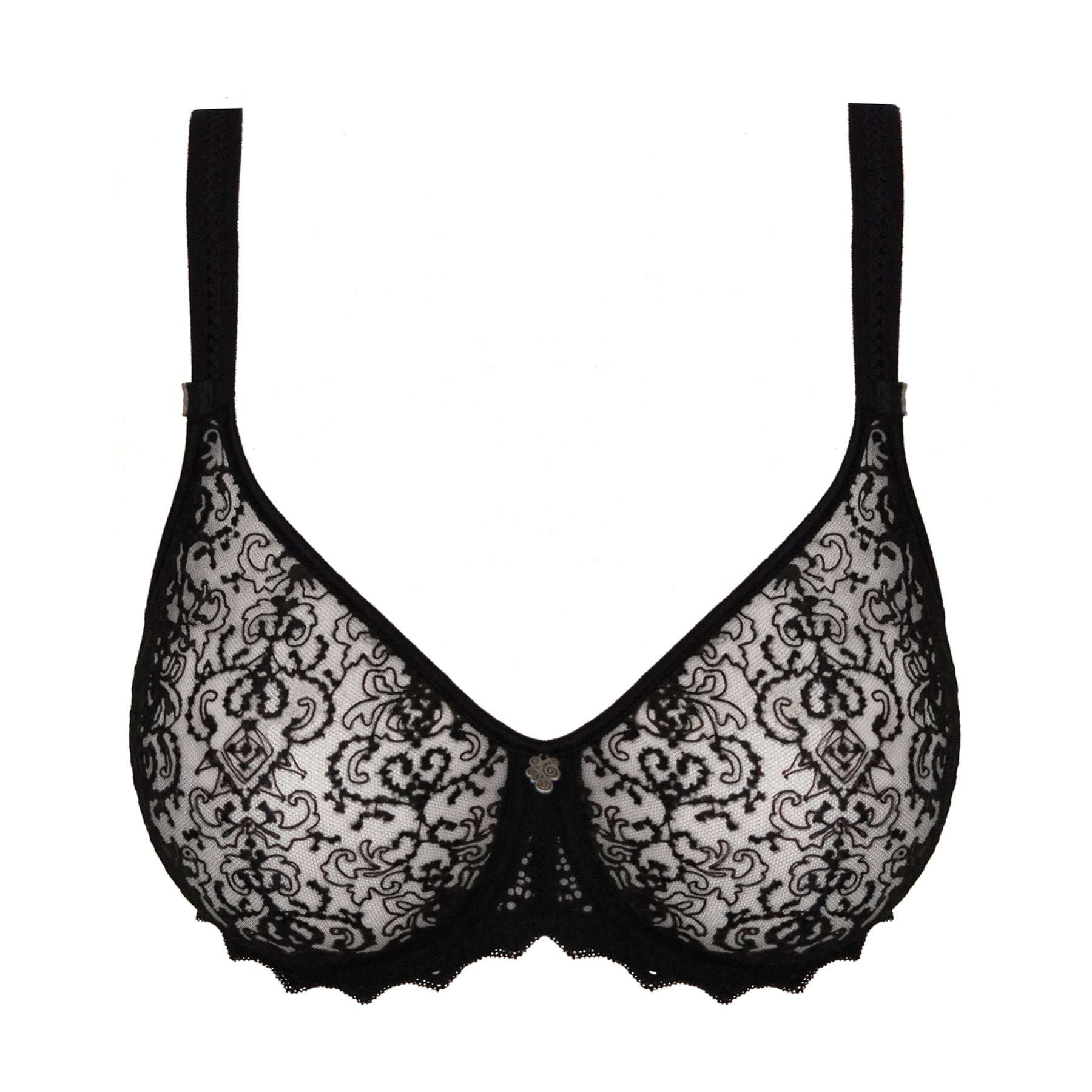 Empreinte Cassiopee full cup seamless lace bra in black, product-only front view with sheer embroidered lace cups and elegant finish.