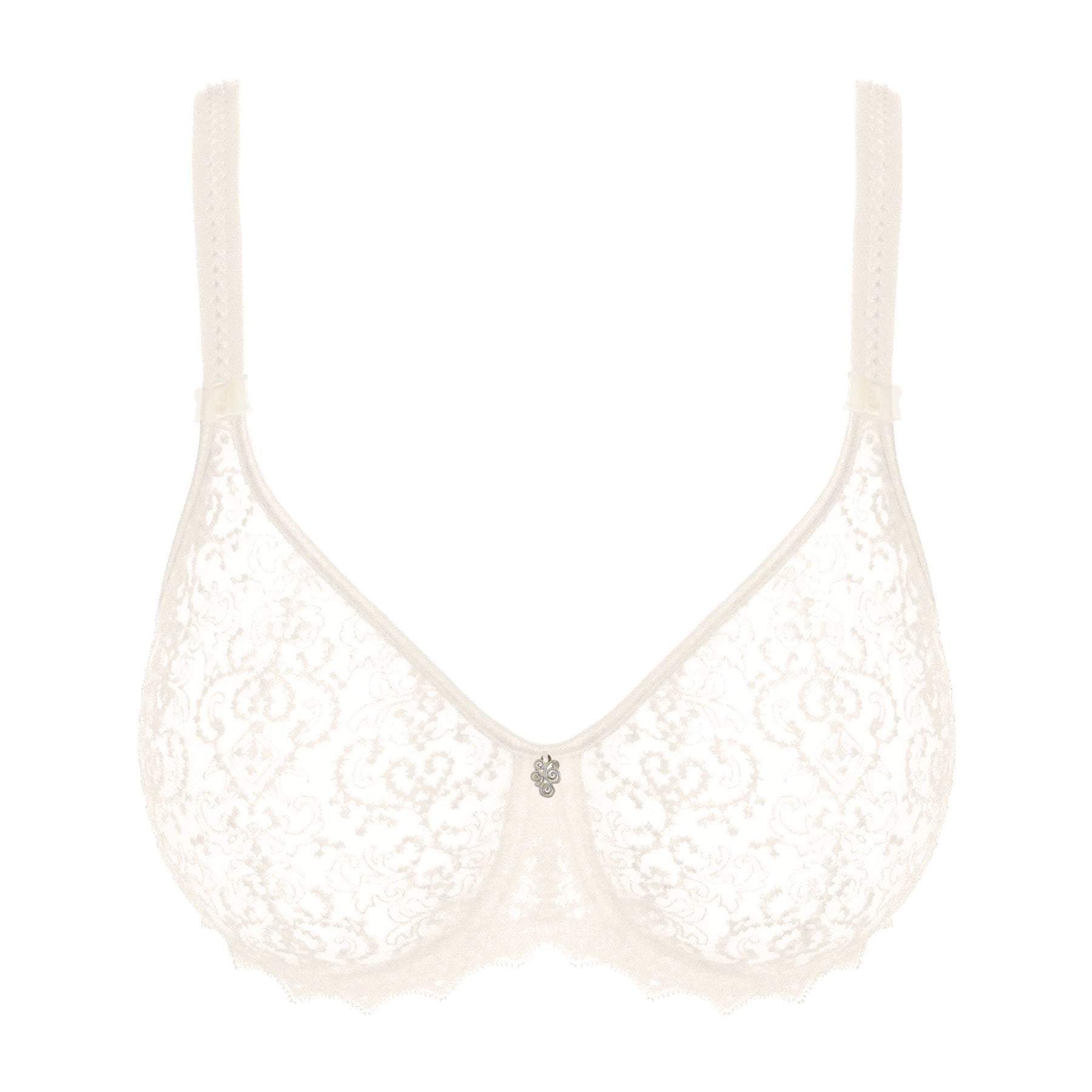 Empreinte Cassiopee full cup seamless lace bra in silk colour, product-only front view highlighting ornate lace embroidery and centre jewel detail.