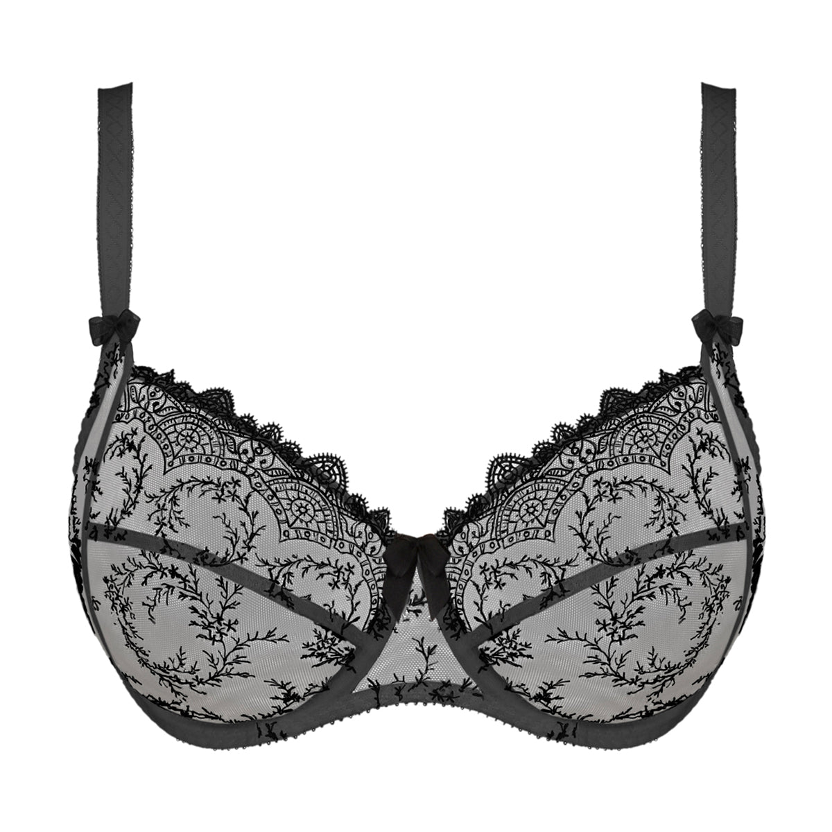 Empreinte louise lace embroidered full cup bra in ombre dark grey. Front view without model.