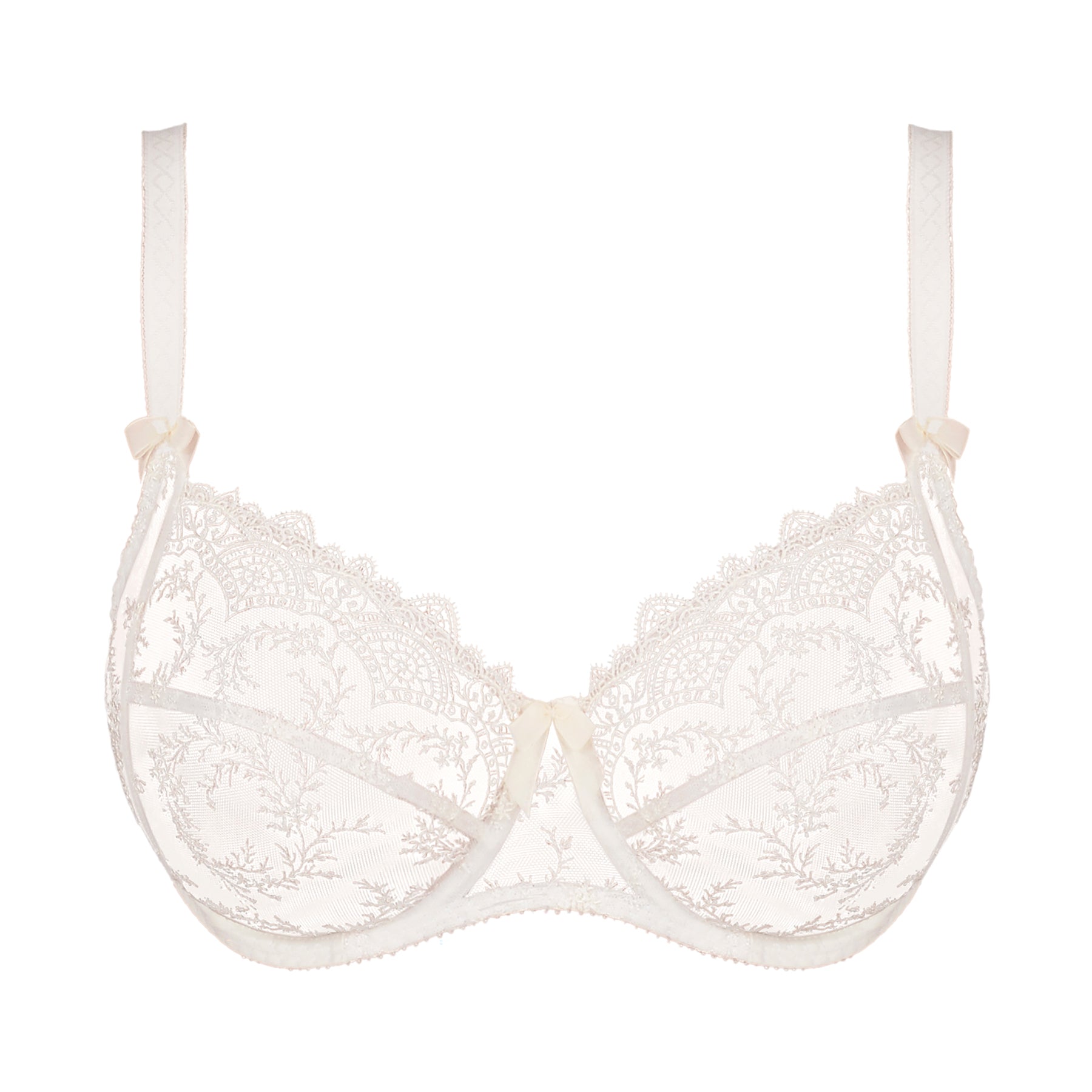 Empreinte louise lace embroidered full cup bra in natural ivory. Front view without model.