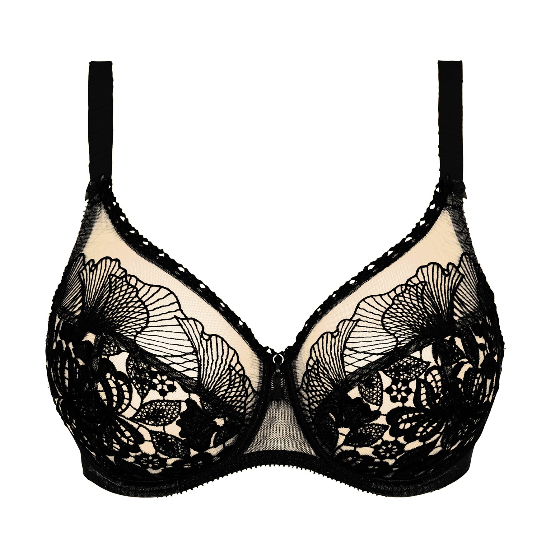 Full cup bra in black embroidered on nude tulle. Front view, without model.
