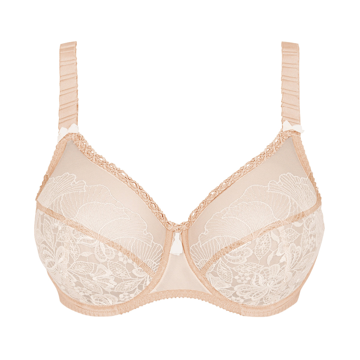 Full cup bra in nude ivoire with ivory embroidery on nude tulle. Front view, without model.