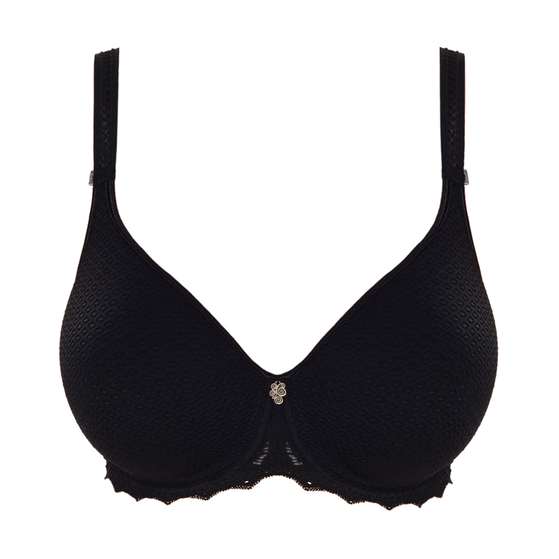 Empreinte Cassiopee molded full cup bra in black with seamless textured cups and scalloped lace underband, front view.