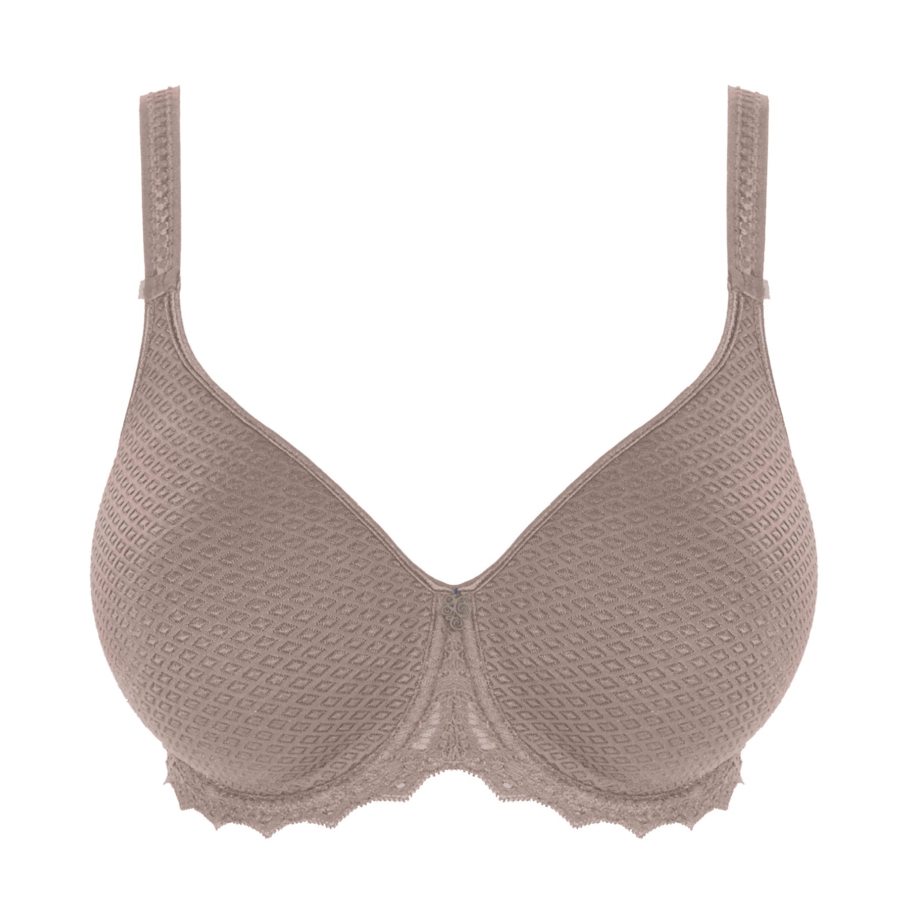 Empreinte Cassiopée molded full cup bra in Rose Sauvage with smooth seamless cups, geometric lace texture, and scalloped lace trim.