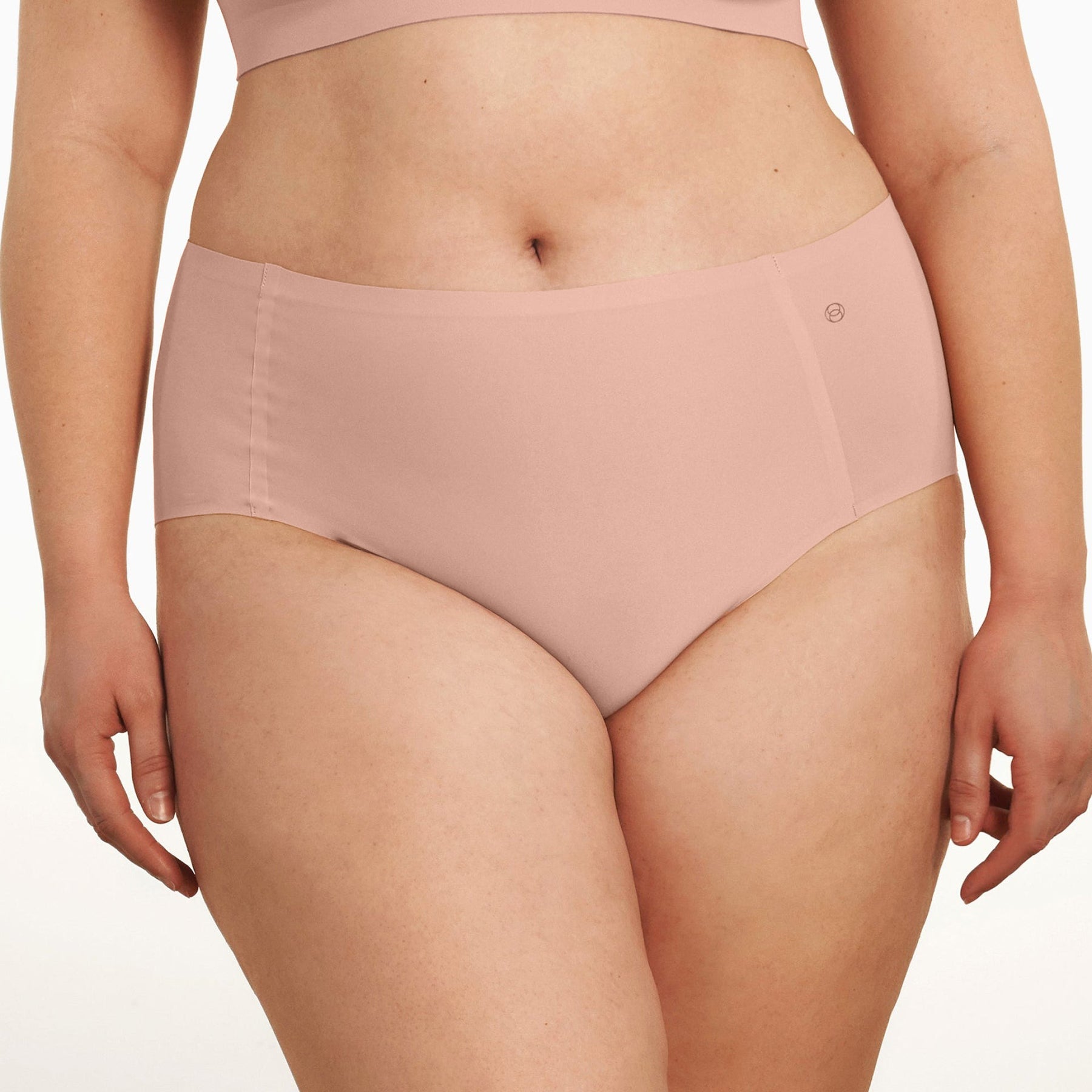 Evelyn & Bobbie high waist seamless retro full brief underwear in Himalayan Salt – front view on model