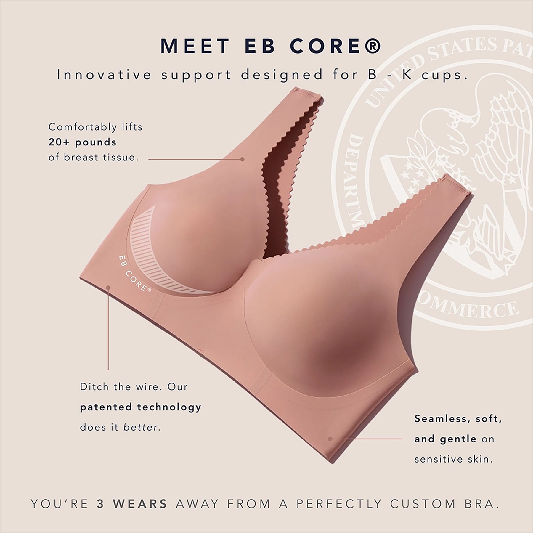 Evelyn & Bobbie Beyond Wireless Hook & Eye Bra in Himalayan Salt – product flat lay with EB Core® patented support features