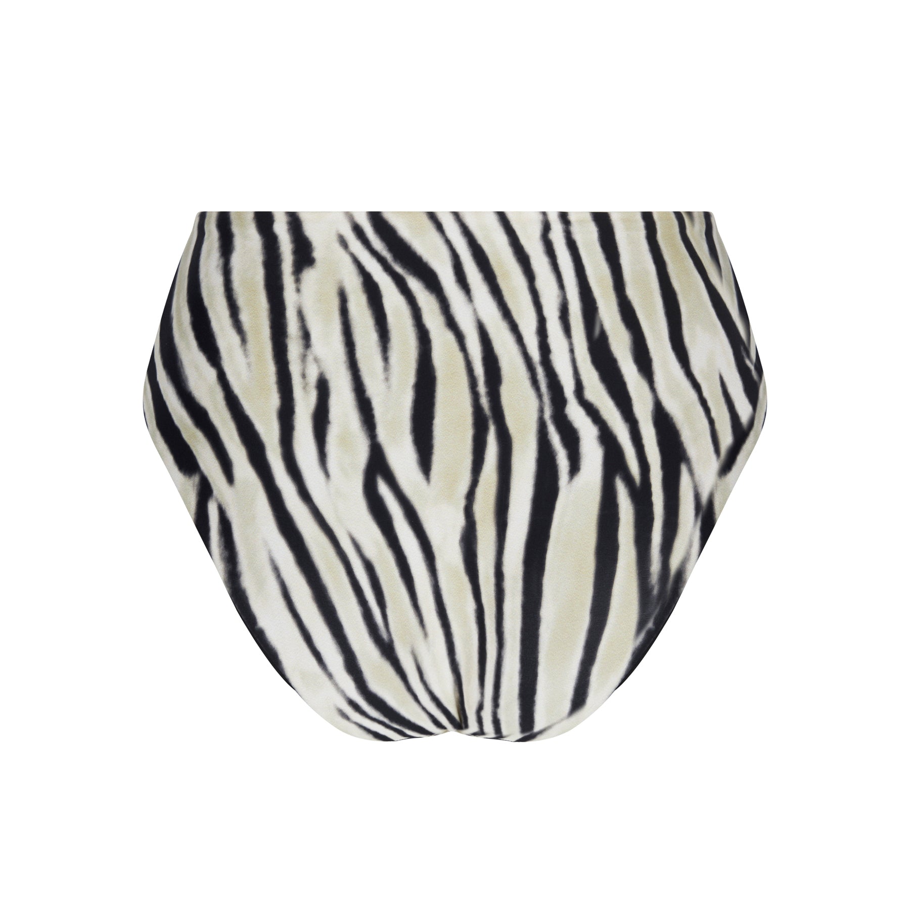 Back view of a high-waisted zebra-print bikini bottom in ivory and black, photographed on a white background.