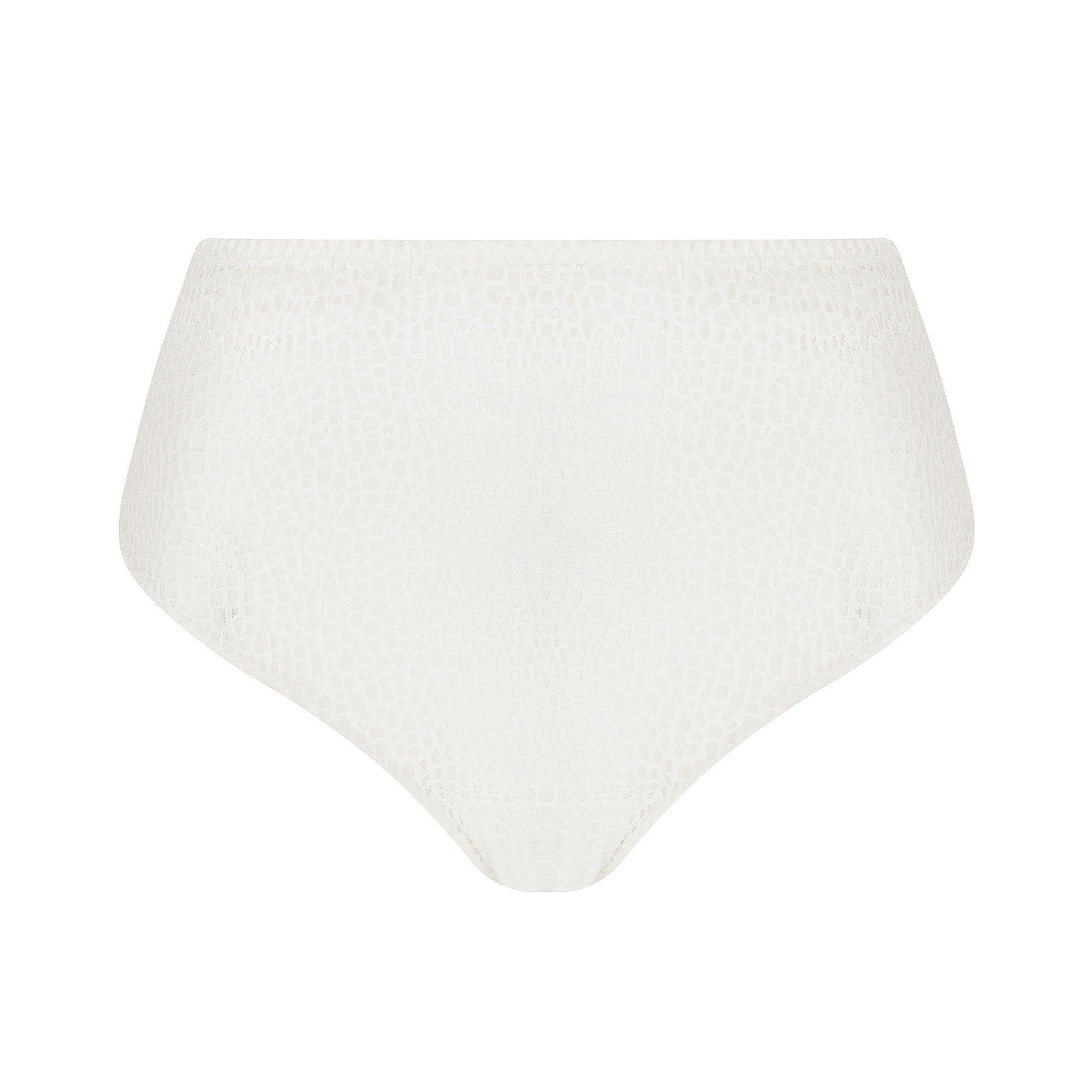 Front view of ivory high-waisted brief featuring subtle animal-inspired lace design and smooth waistband