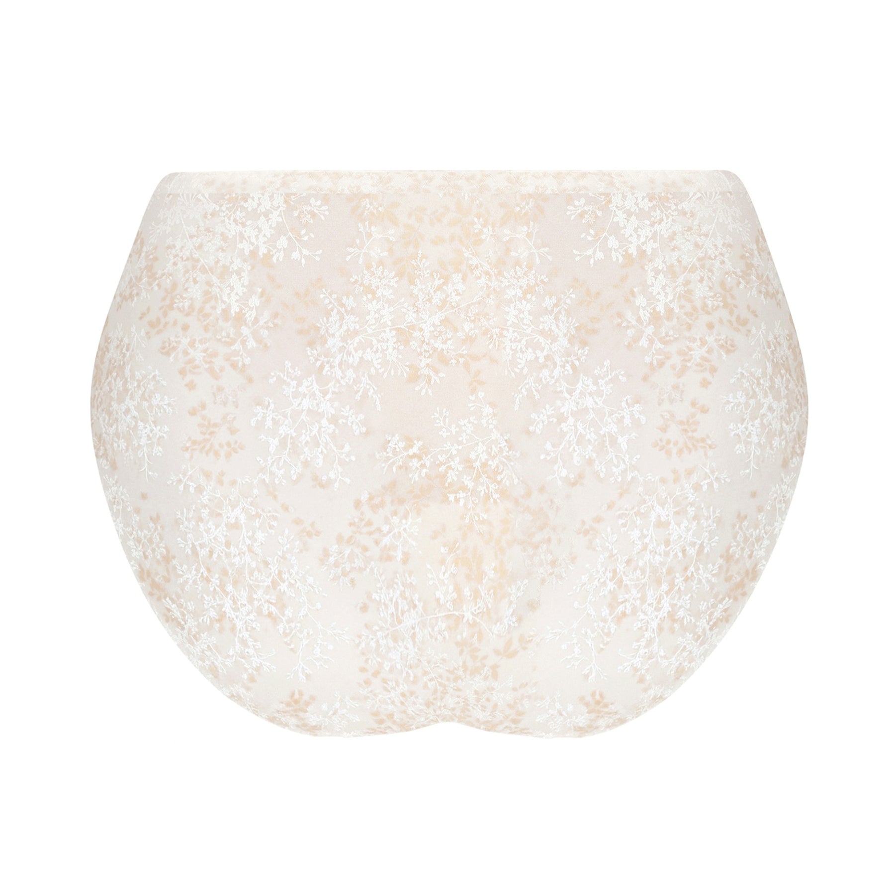 Back view of Antigel high-waist brief in ivory and beige featuring a delicate botanical print and seamless finish.