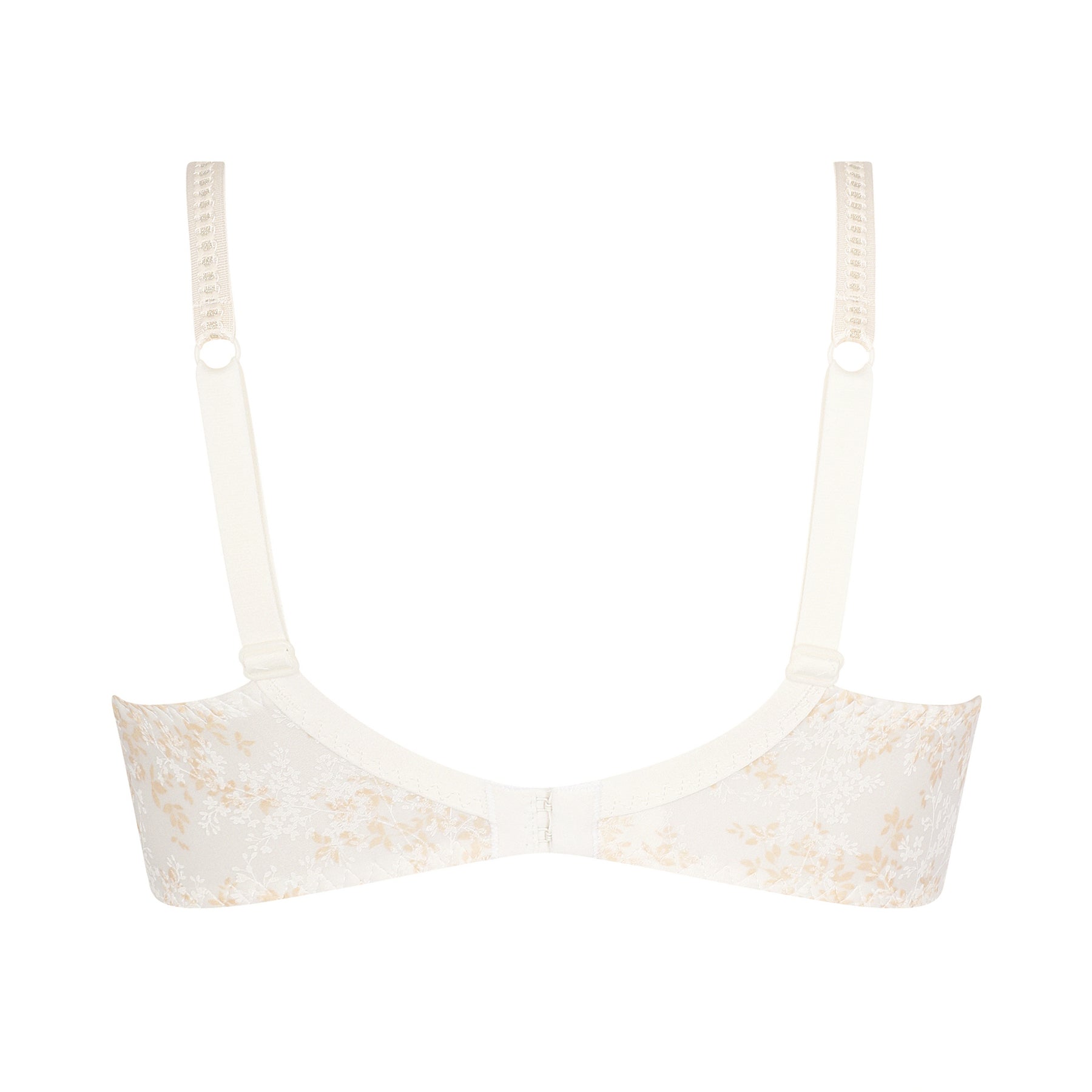 Back view of Antigel underwire bra in ivory and beige with adjustable straps and a smooth floral print band.