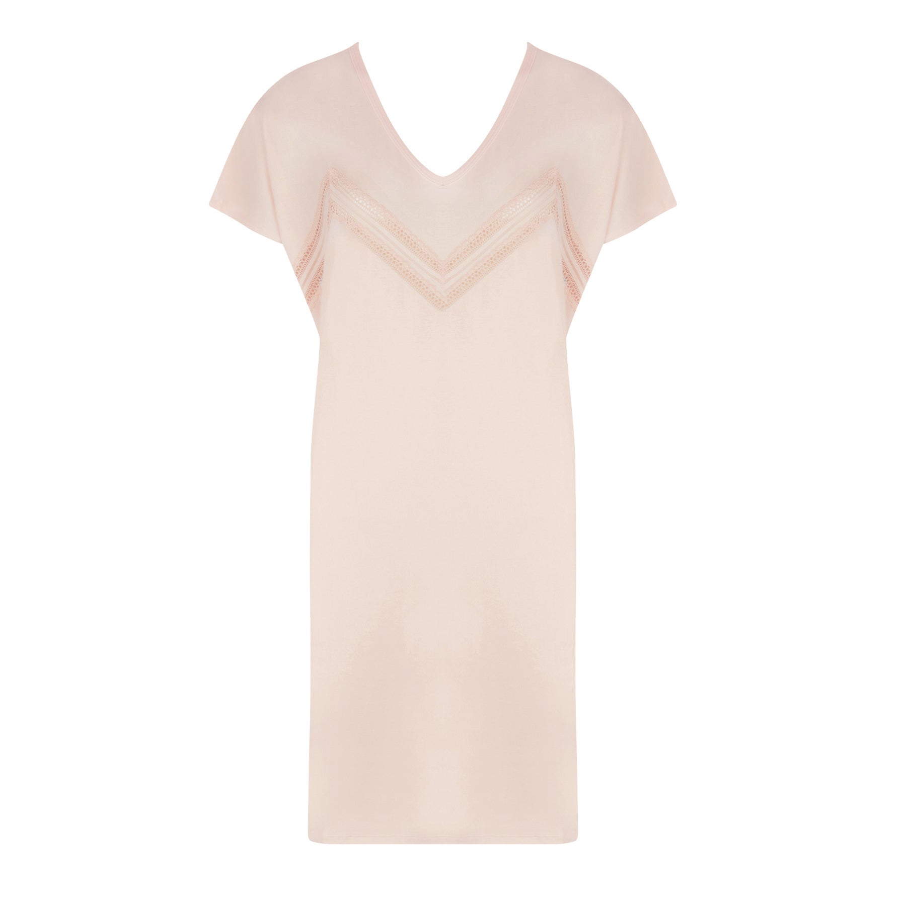Front view of magnolia beige short-sleeve nightgown with V-neck and chevron lace inset detail, relaxed fit sleep dress.